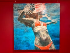 "Summer Traveler" oil painting of a woman in red bikini in turquoise water