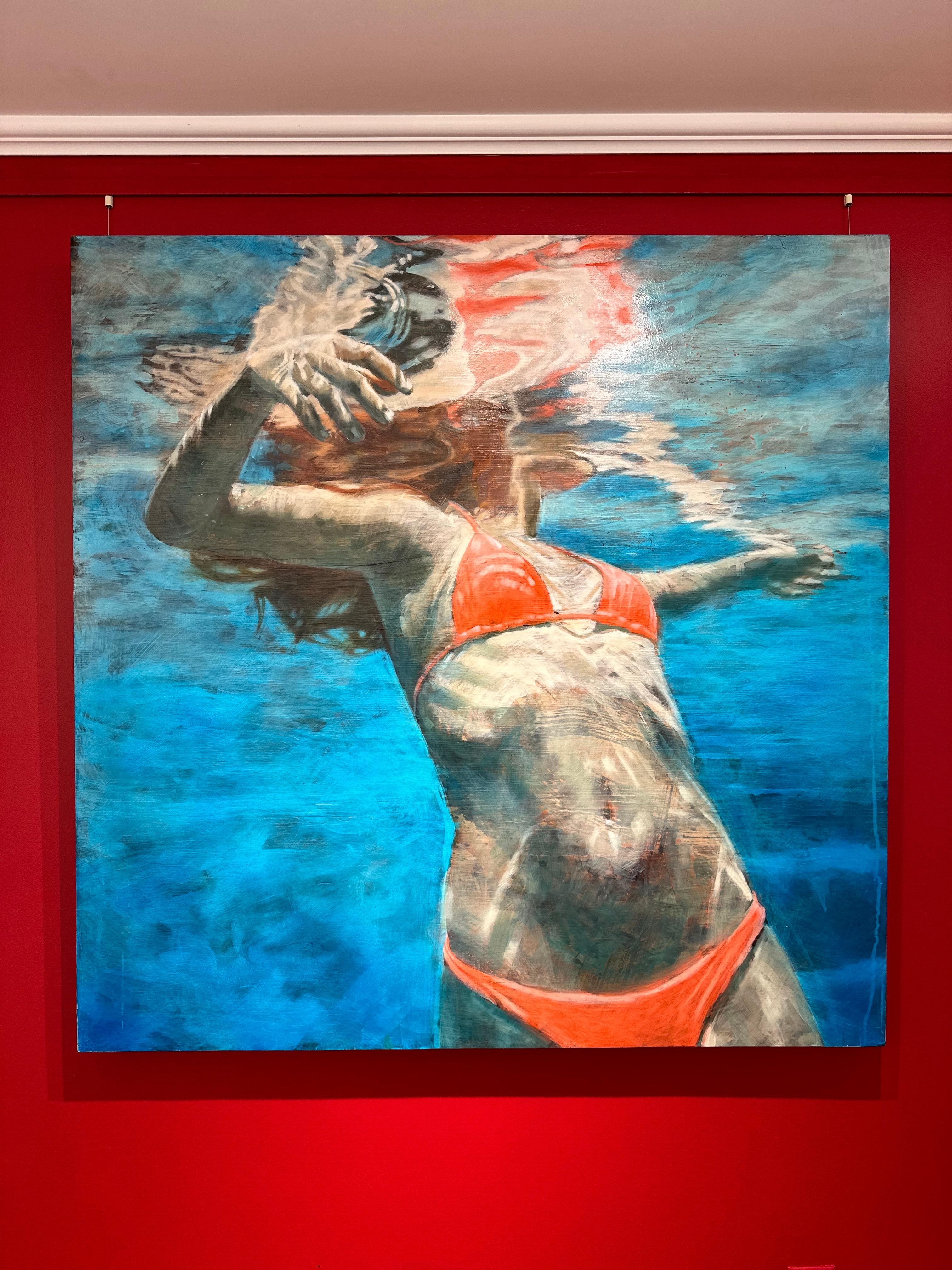 „Summer Traveler“ Ölgemälde einer Frau in rotem Bikini in türkisfarbenem Wasser (Grün), Figurative Painting, von Carol Bennett