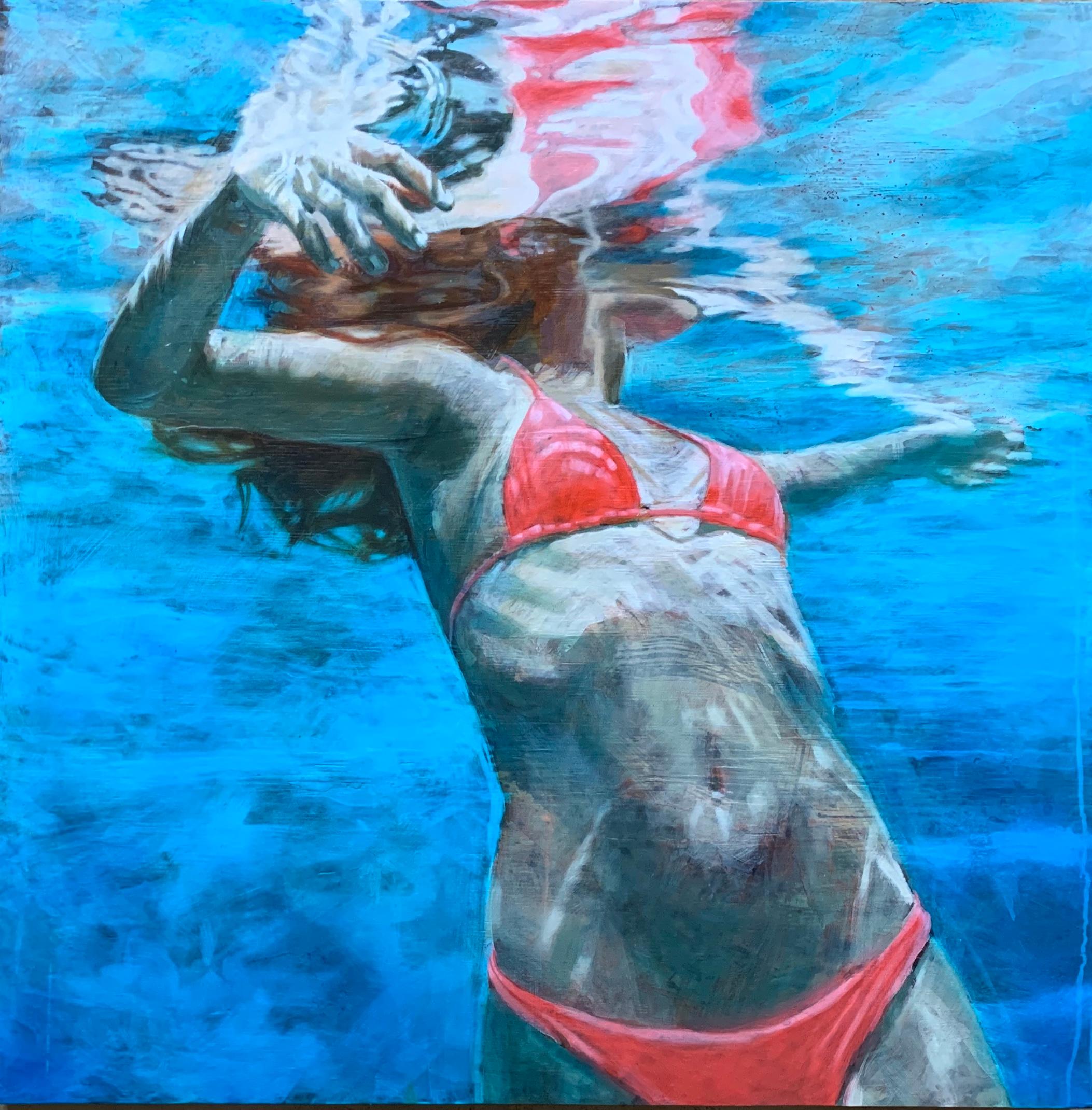 Carol Bennett Figurative Painting – „Summer Traveler“ Ölgemälde einer Frau in rotem Bikini in türkisfarbenem Wasser