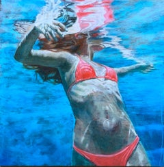 "Summer Traveler" oil painting of a woman in red bikini in turquoise water
