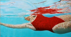 "Suspense" Oil Painting of Woman in Red Bathing Suit Swimming in turquoise Water