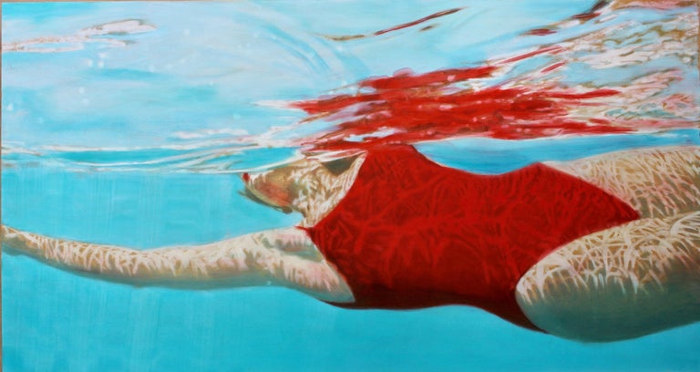 "Suspense" Oil Painting of Woman in Red Bathing Suit Swimming in turquoise Water 1