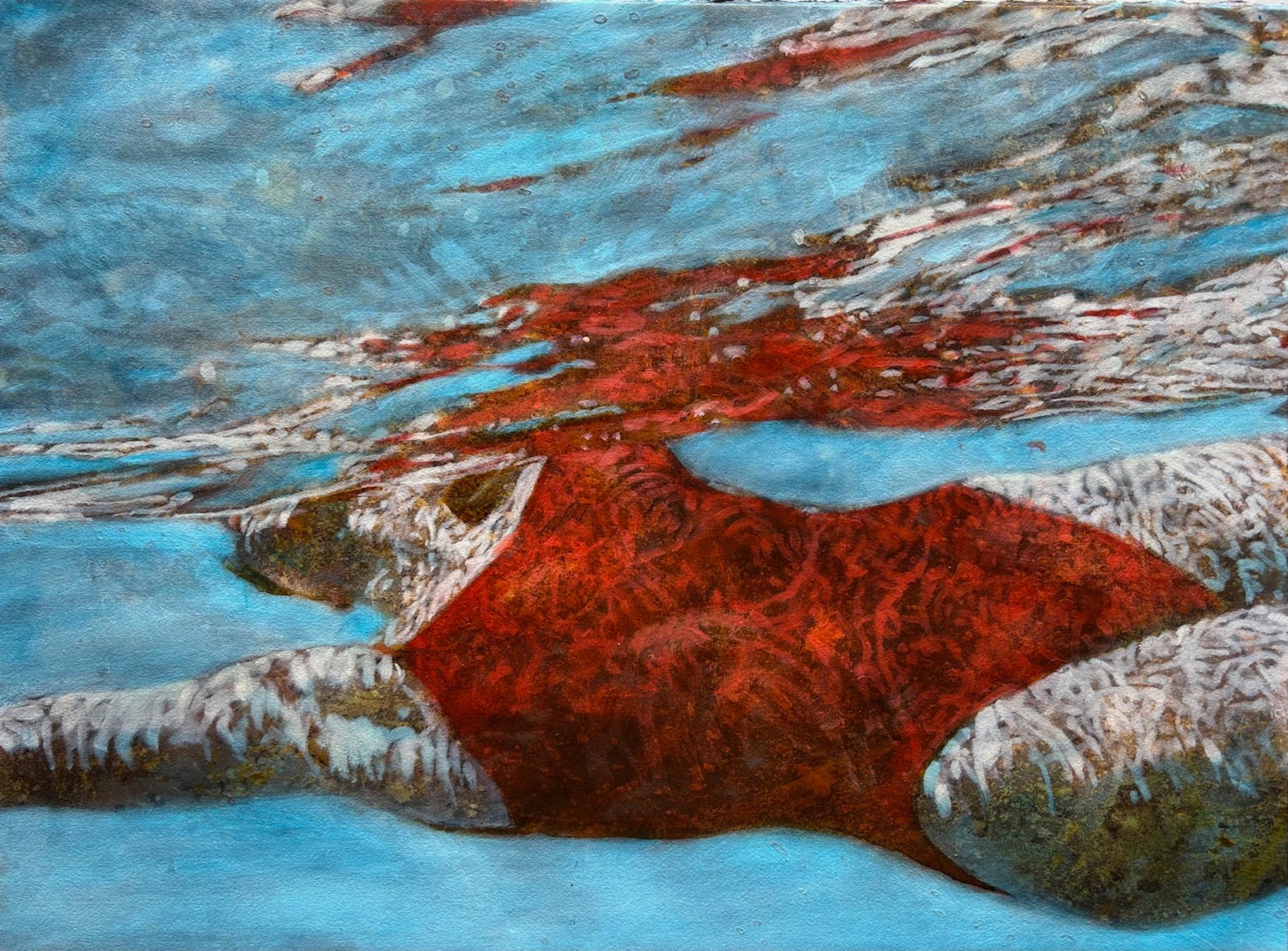 "SUSPENSE on paper" dipinto di una donna in costume rosso che scivola sotto l'acqua