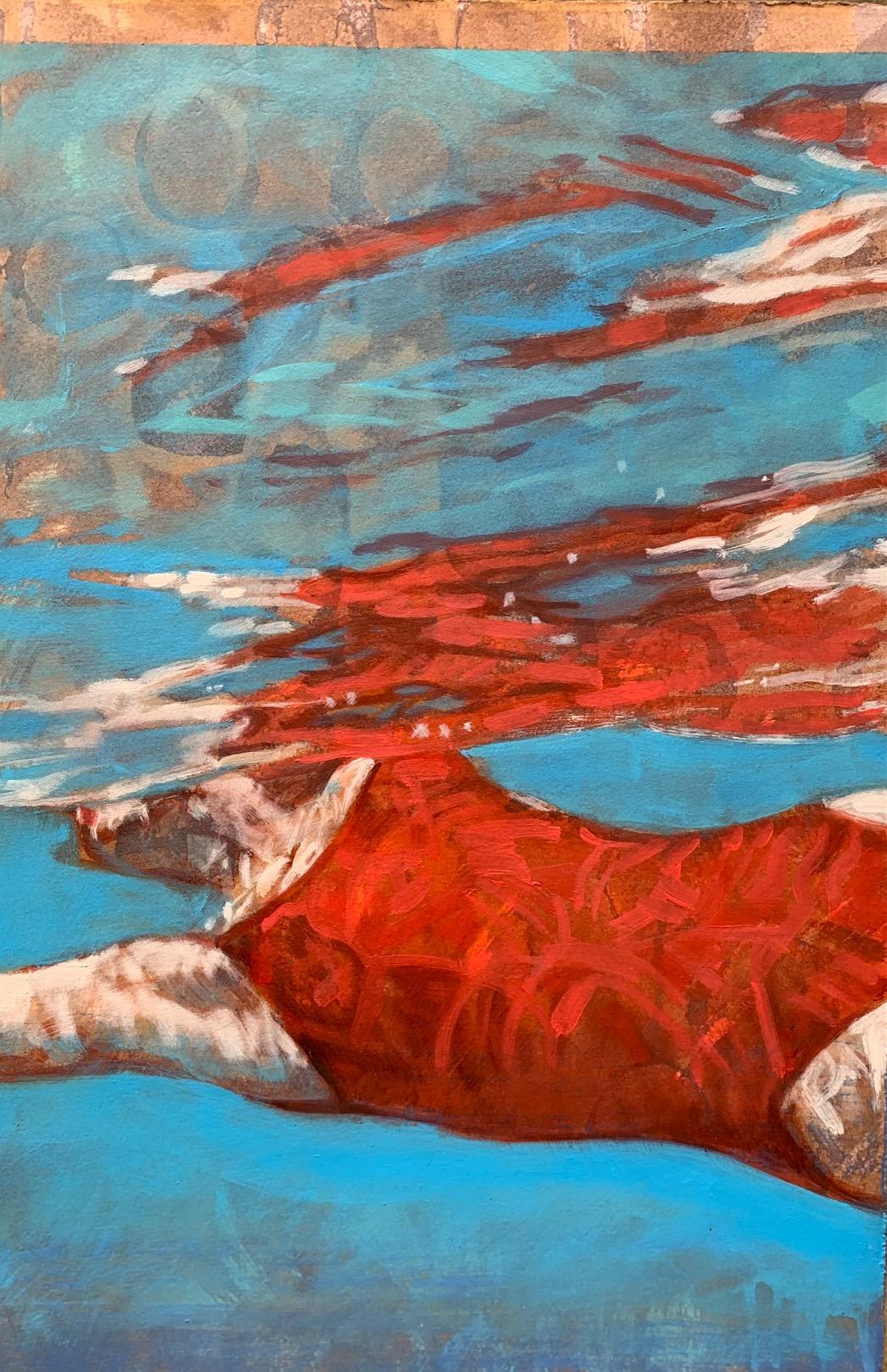 "Suspense Vertical (Paper)" mixed media painting of woman in red suit in water