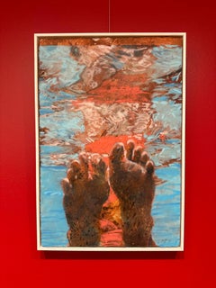 "Suzie Q (Paper)" mixed media painting of feet floating in water with reflection