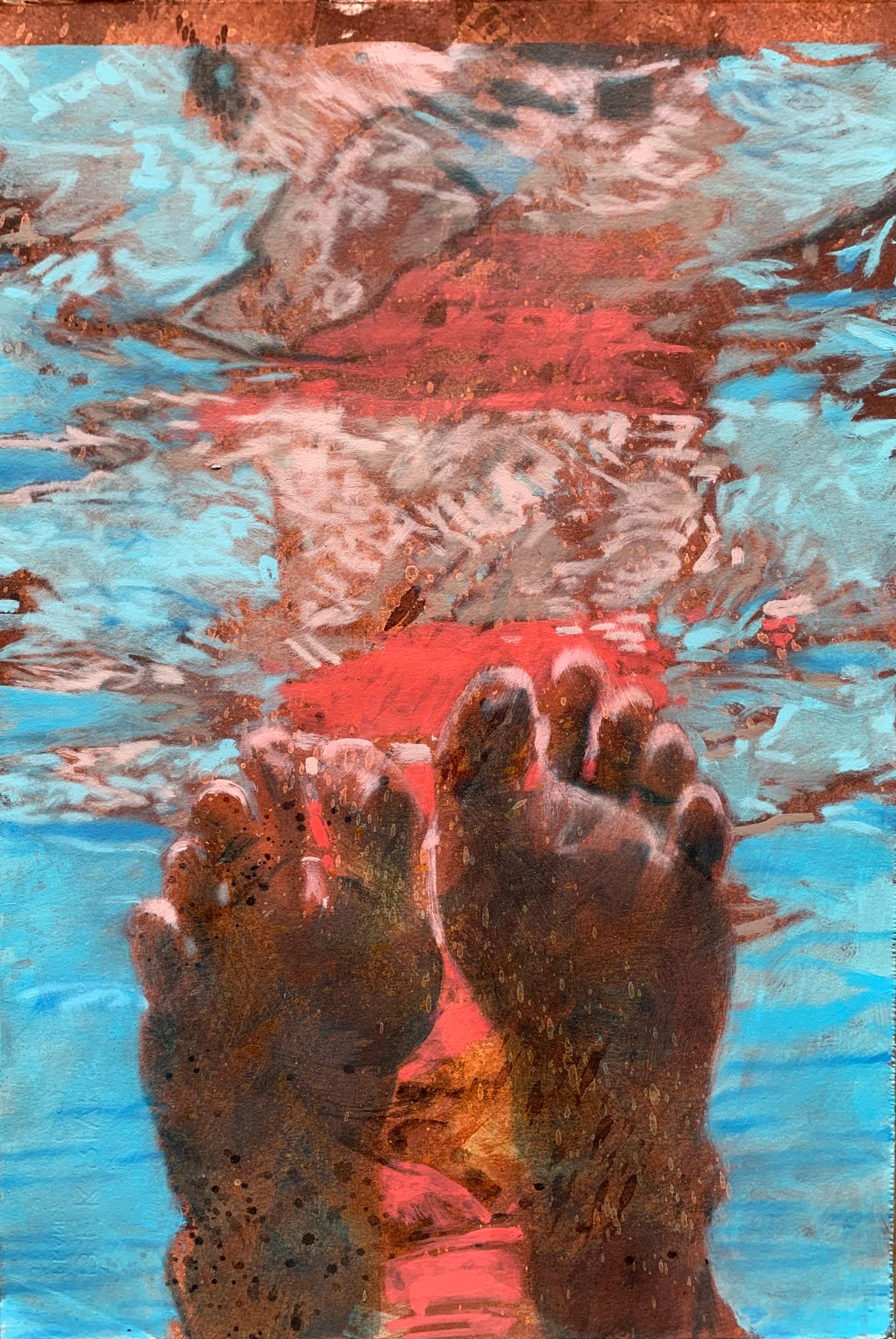 Carol Bennett Abstract Painting - "Suzie Q (Paper)" mixed media painting of feet floating in water with reflection