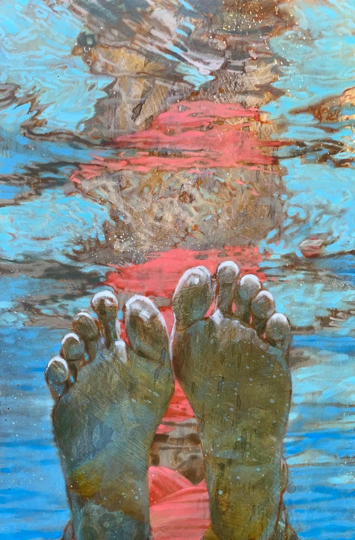 Carol Bennett Figurative Painting - "Tickled Pink" oil painting of the feet of a woman floating in ocean