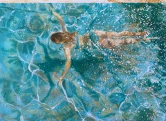 "Time Out (paper)" abstract painting of a woman swimming under teal water