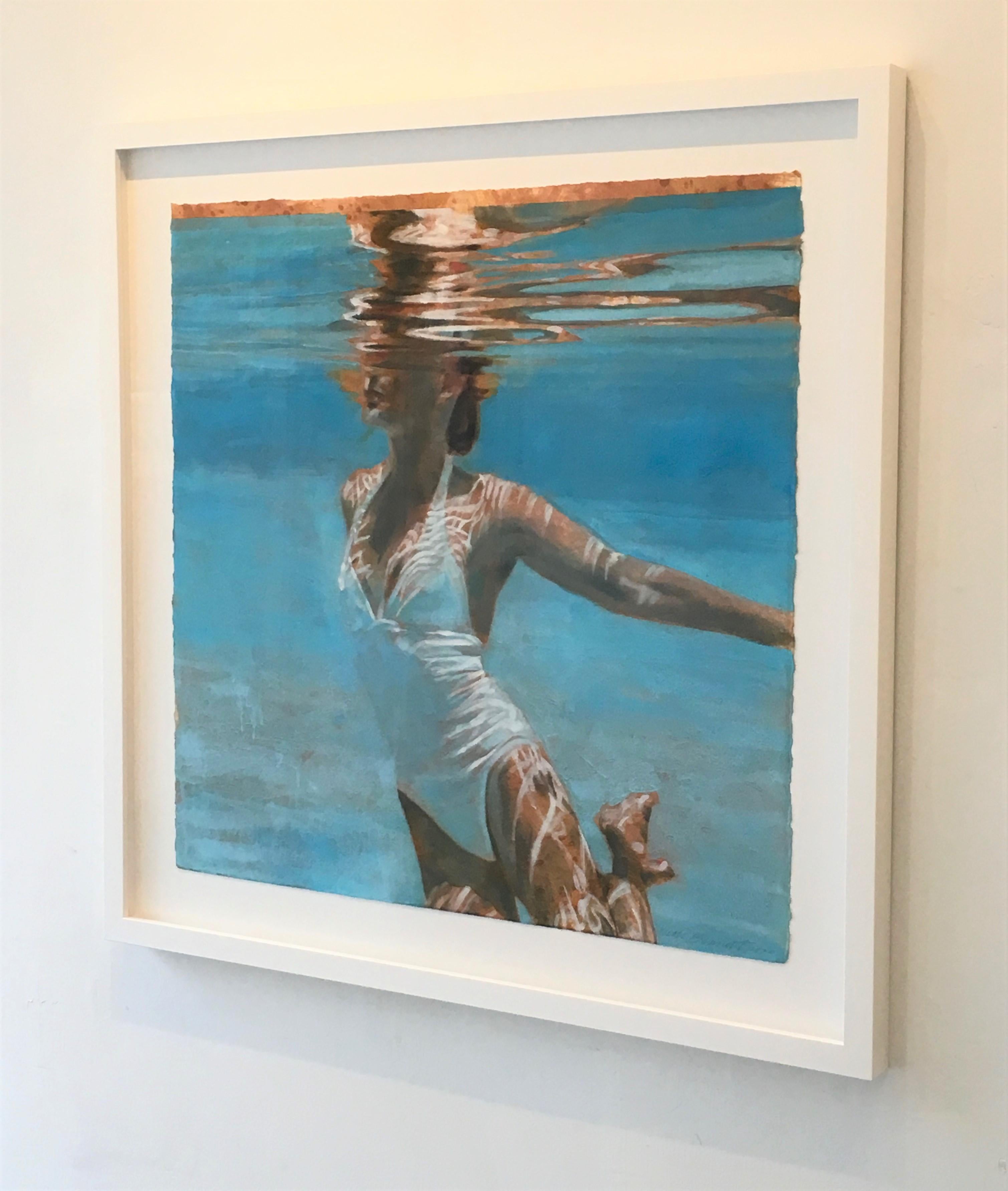 Titanium Reflect, Swimmer, Water, White Swimsuit, Work on Paper,  Female Figure - Painting by Carol Bennett