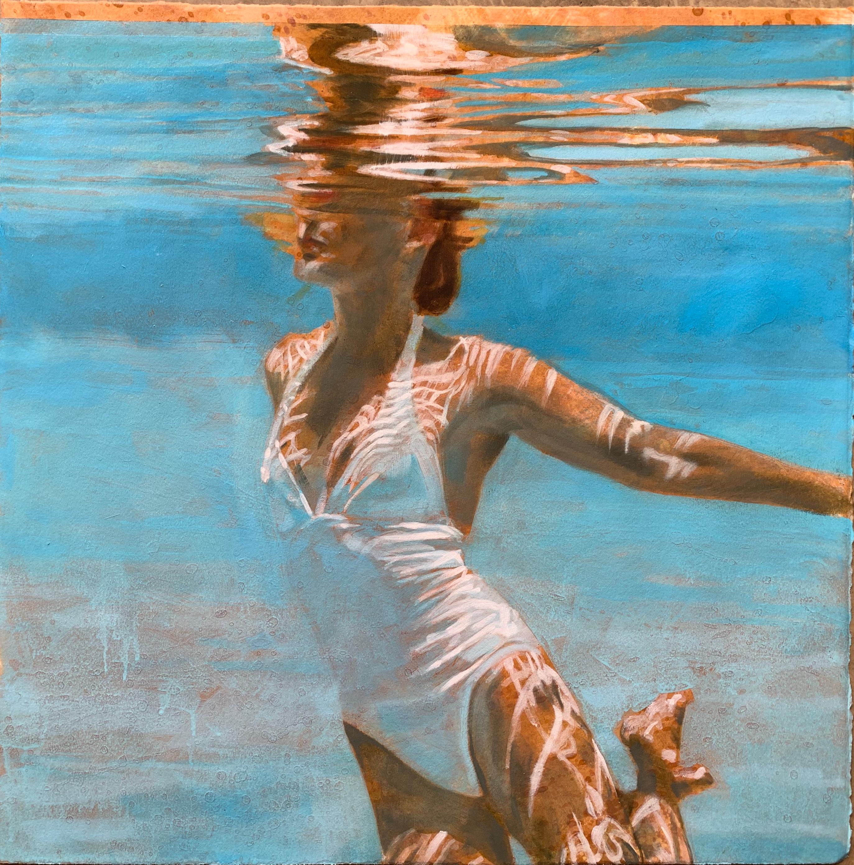 Carol Bennett Landscape Painting - Titanium Reflect, Swimmer, Water, White Swimsuit, Work on Paper,  Female Figure