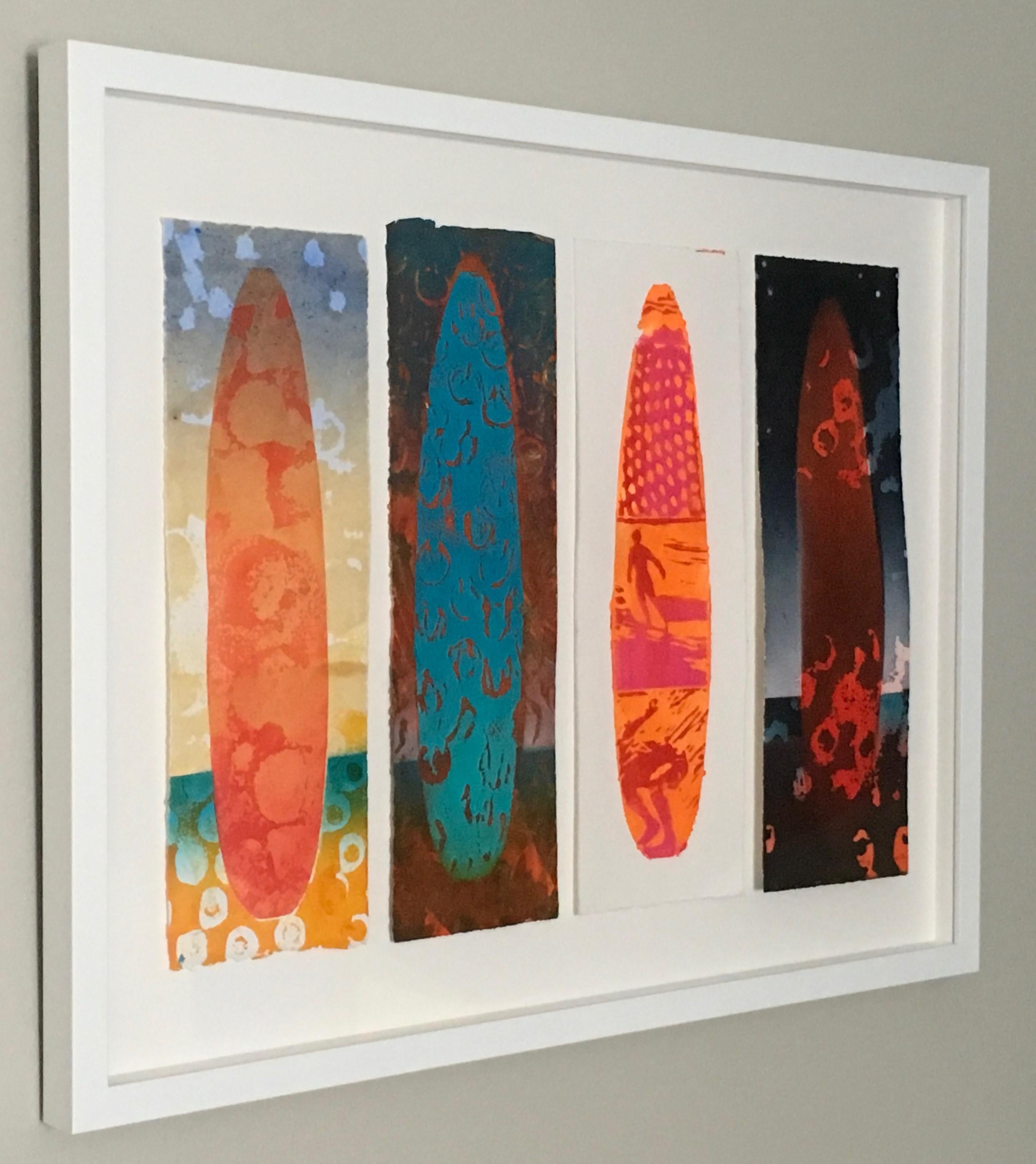 Waiohai, Surfboards, Surfing, Water, Work on Paper, Blue, Orange, Red, Figure - Painting by Carol Bennett