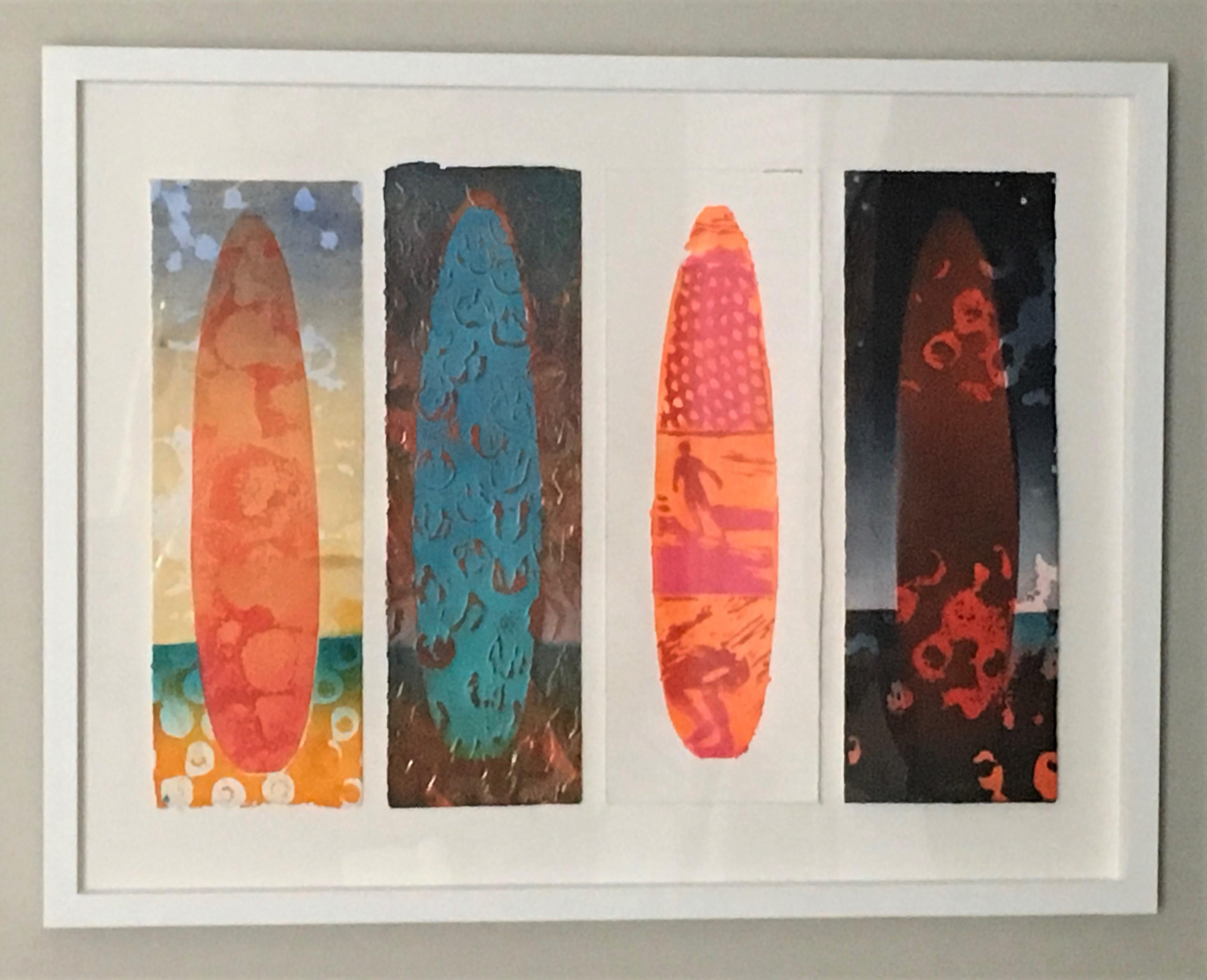Waiohai, Surfboards, Surfing, Water, Work on Paper, Blue, Orange, Red, Figure