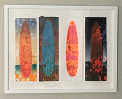 Waiohai, planches de surf, eau, Œuvre sur papier, bleu, orange, rouge, figure