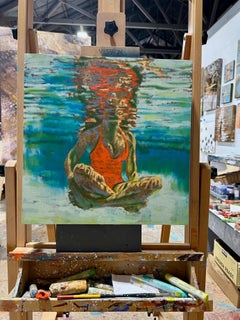 "Water Lotus" Peinture à l'huile d'une femme en orange nageant dans une eau verte.