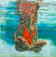 "Water Lotus" Oil painting of a woman in orange swimming in green water