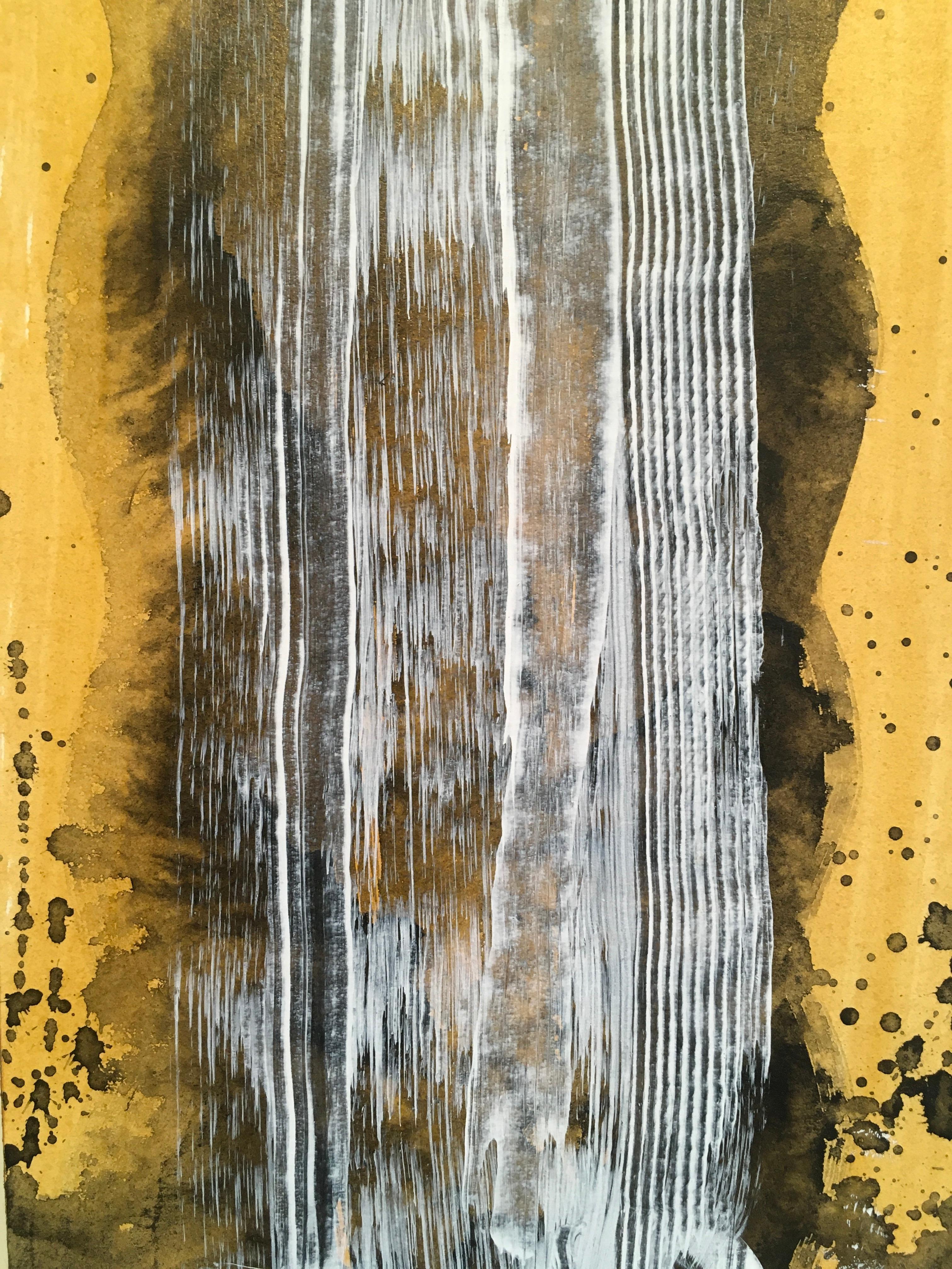 Aquarelle Duet 1, eau, or, blanc, flottant, acrylique, huile, peinture, non encadrée - Noir Abstract Painting par Carol Bennett