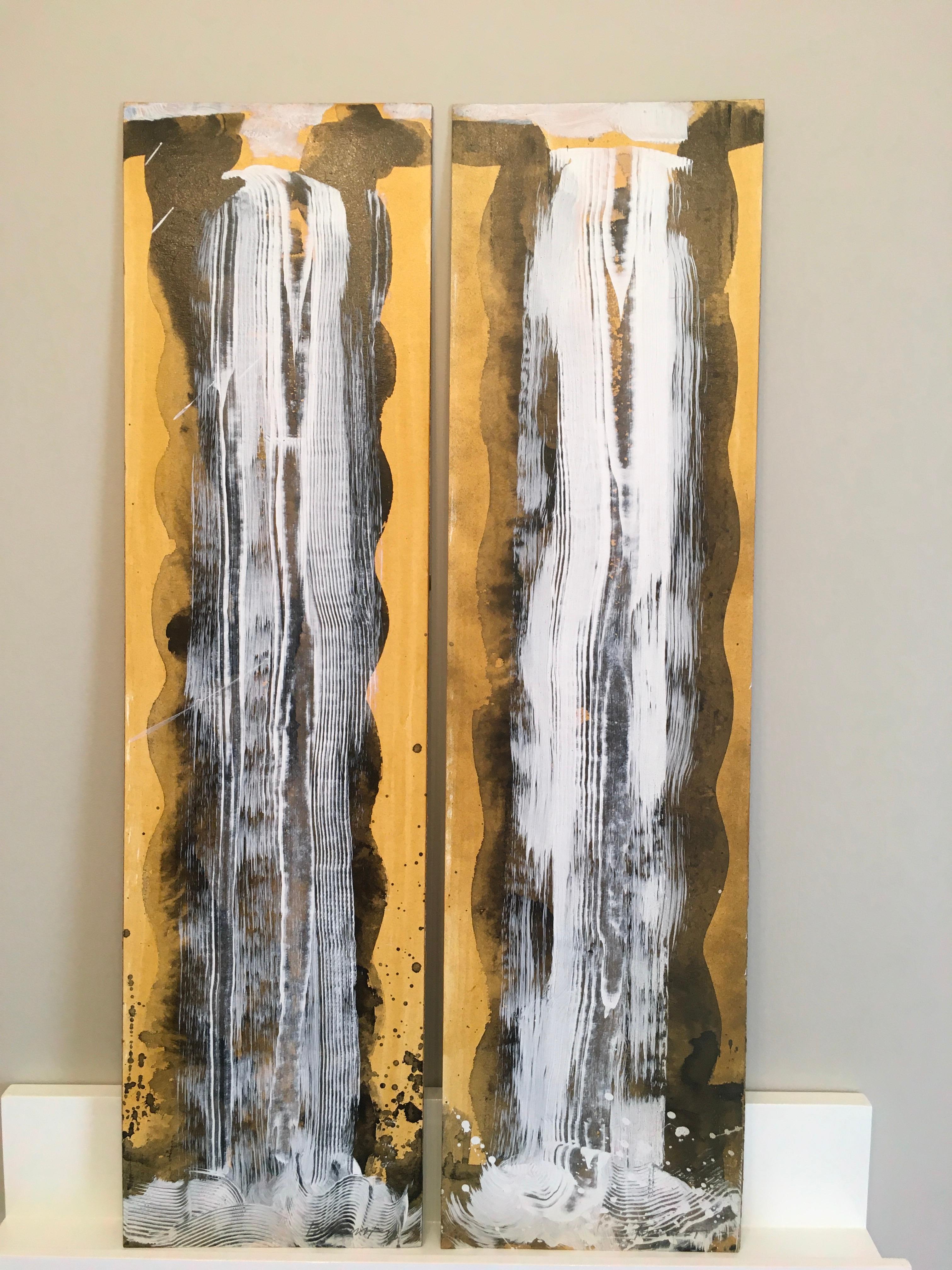 Waterfall Duet 1, Water, Gold, White, Flowing, Acrylic, Oil, Painting, unframed - Black Landscape Painting by Carol Bennett
