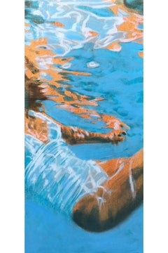 "White Cadillac 3 (paper)" oil painting of woman in white swimsuit in blue pool