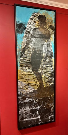 "Women Holding Up Women/Baby Blue" Blue and gold mixed media painting of surfer