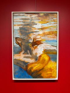 "Yellow There (Paper)" mixed media painting of a woman in gold suit in blue pool