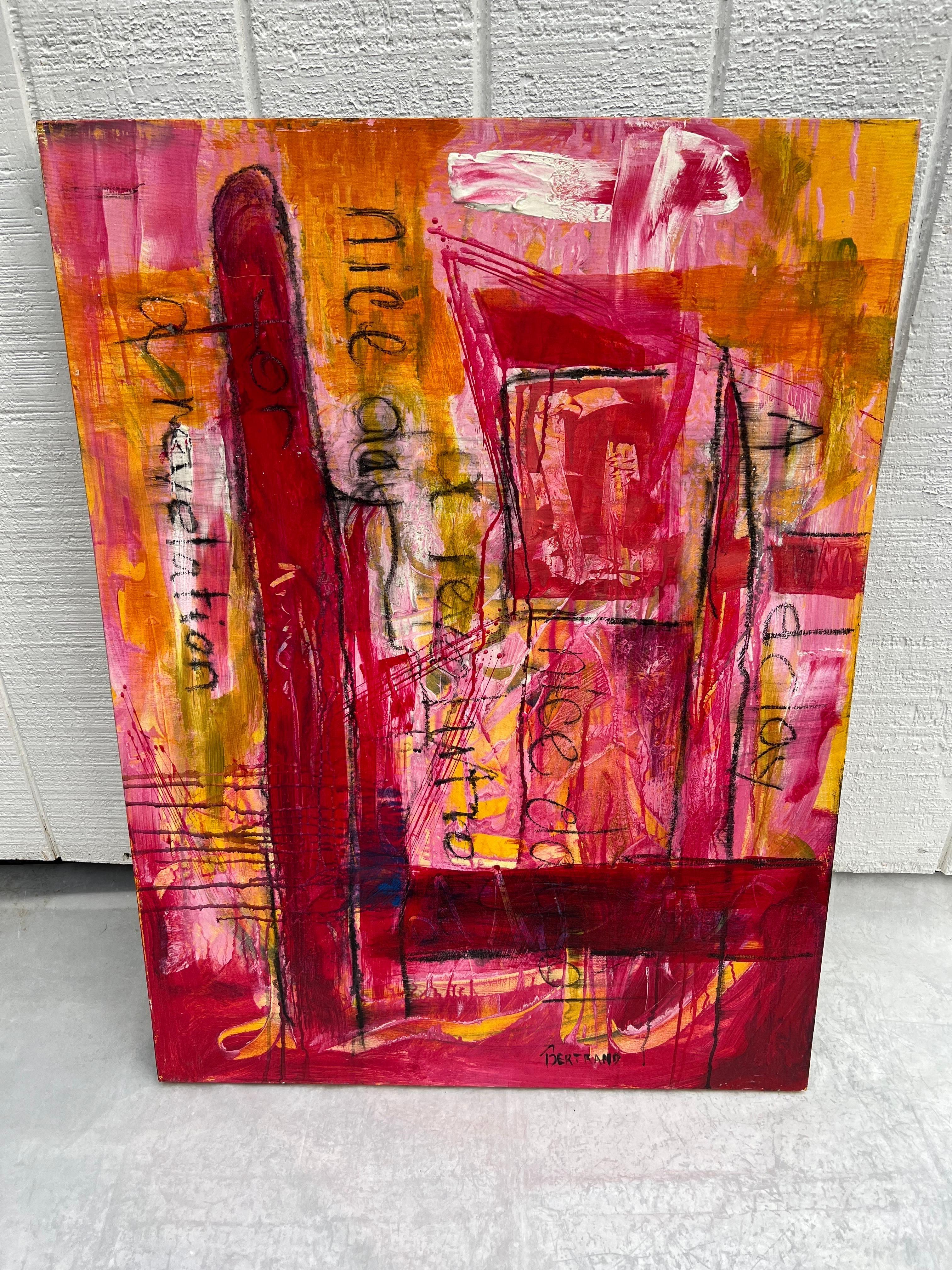 Carol Bertrand Mid-Century Modern Abstract Collage Painting in Pink. 
 Amazing large canvas with happy colors of pink, red, yellow and white and black. 
Signature of artist in the lower right hand corner.
Carol Kuhlman Bertrand grew up in