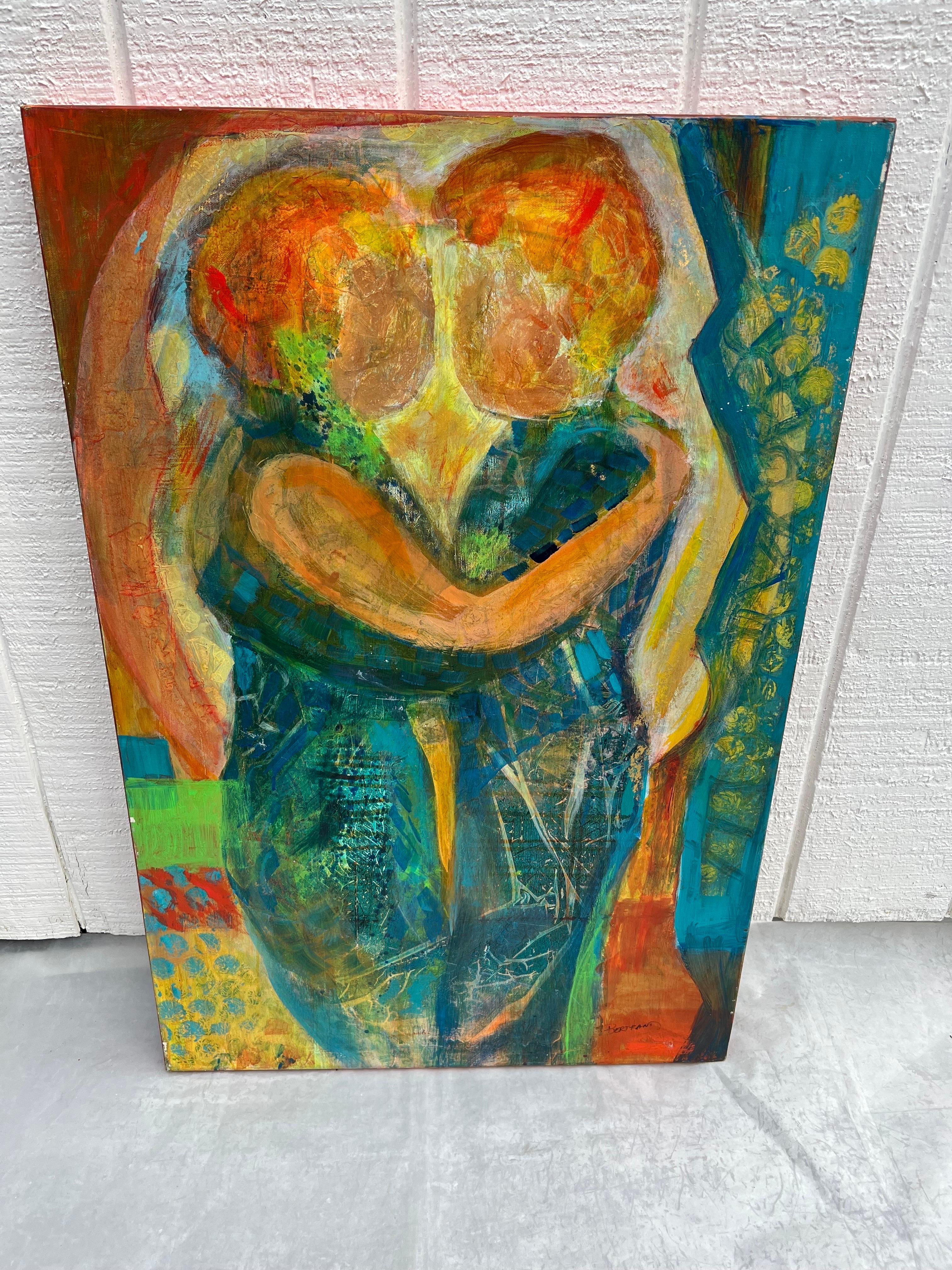 Signed Carol Bertrand Colorful Abstract painting of a couple embracing.
Nice colorful composition of greens, blues and orange depicting LOVE.
Carol Kuhlman Bertrand grew up in Missouri and studied Occupational Therapy at Mount Mary College in
