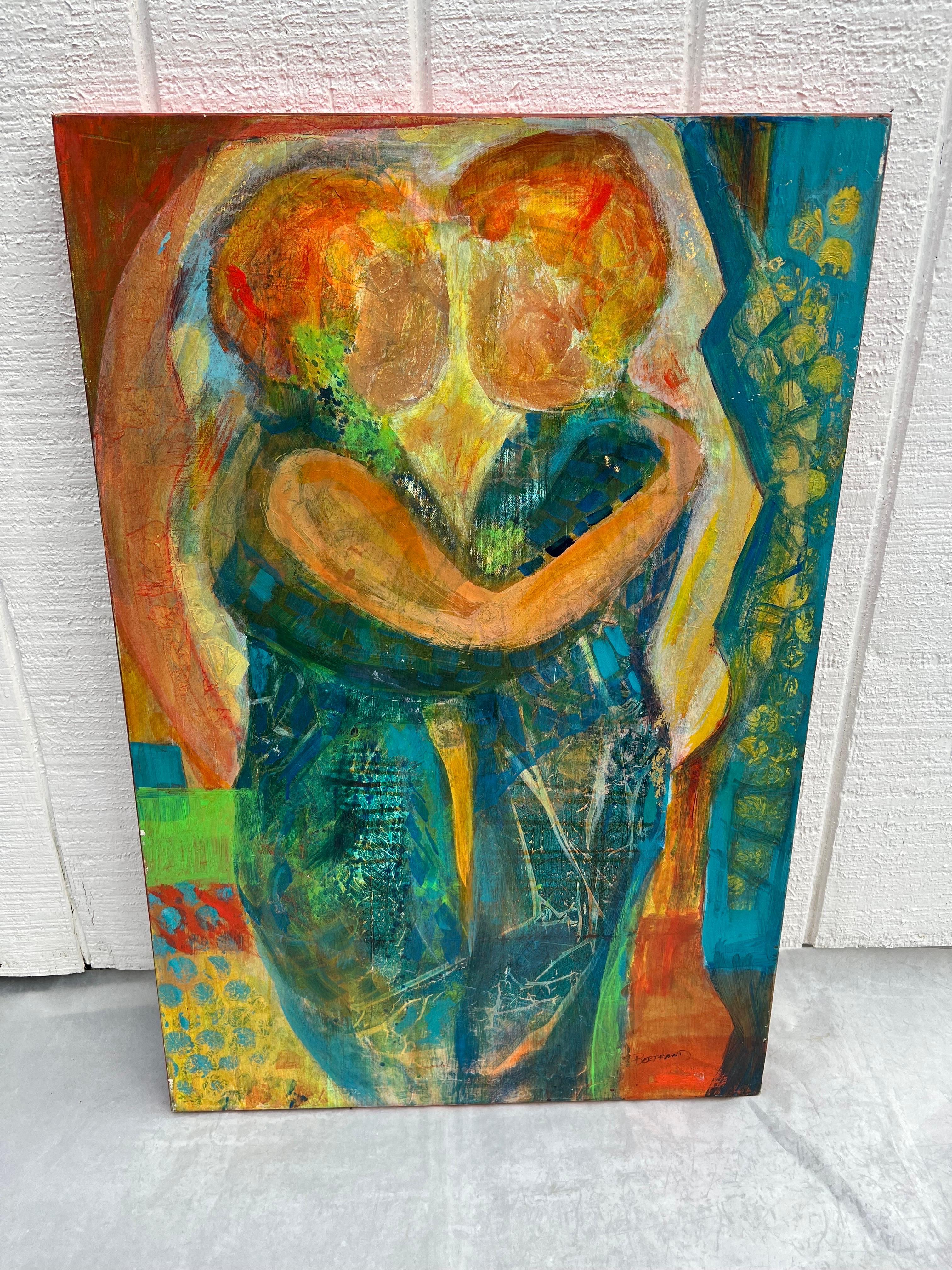 Mid-Century Modern Signed Carol Bertrand Colorful Abstract of a Couple For Sale