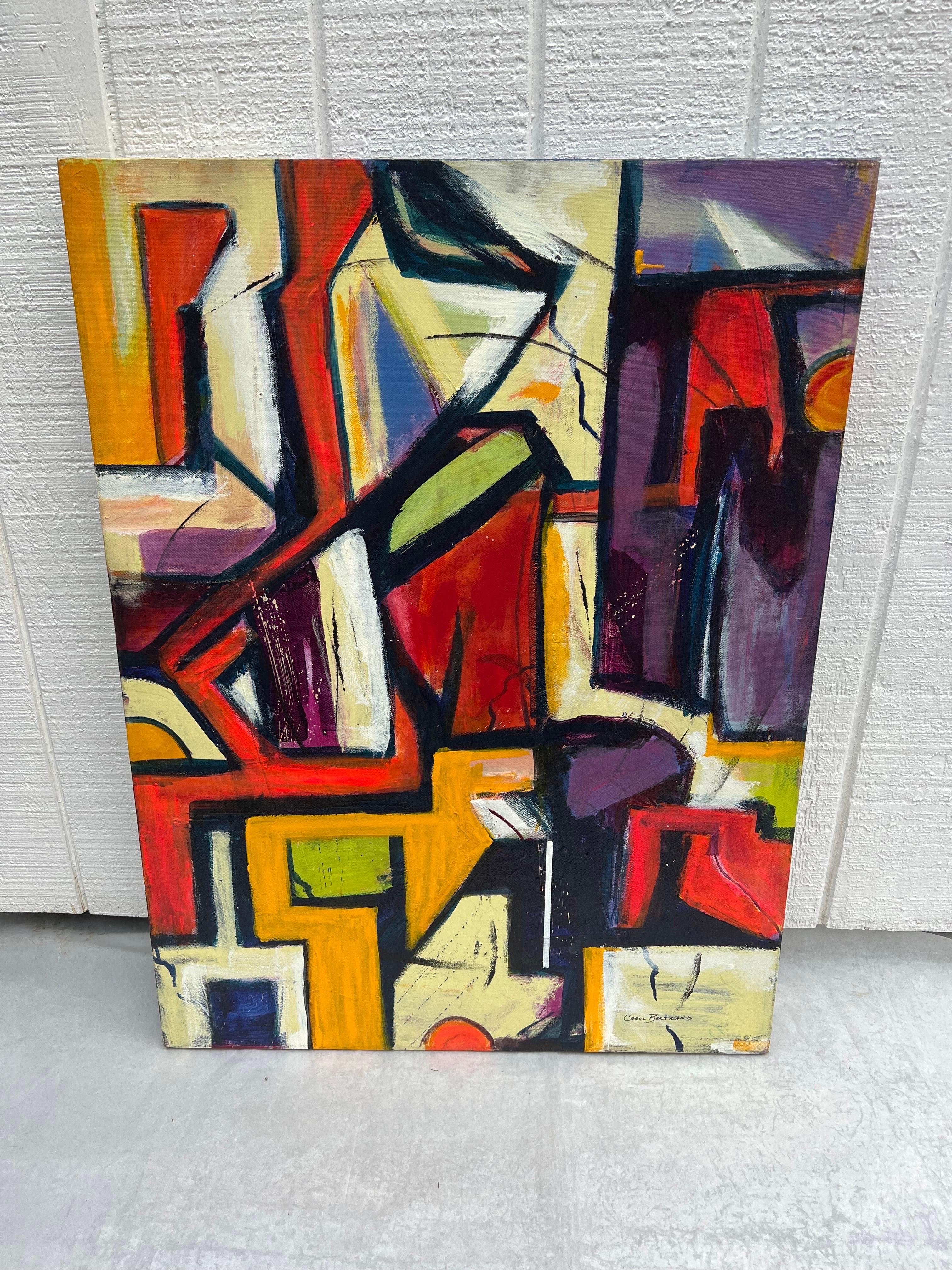 Large Carol Bertrand Colorful Post Modern Abstract in Acrylic
 Amazing large canvas with mostly primary colors of blue, red ,yellow and purple. Signature of artist in the lower right corner. Entitled 