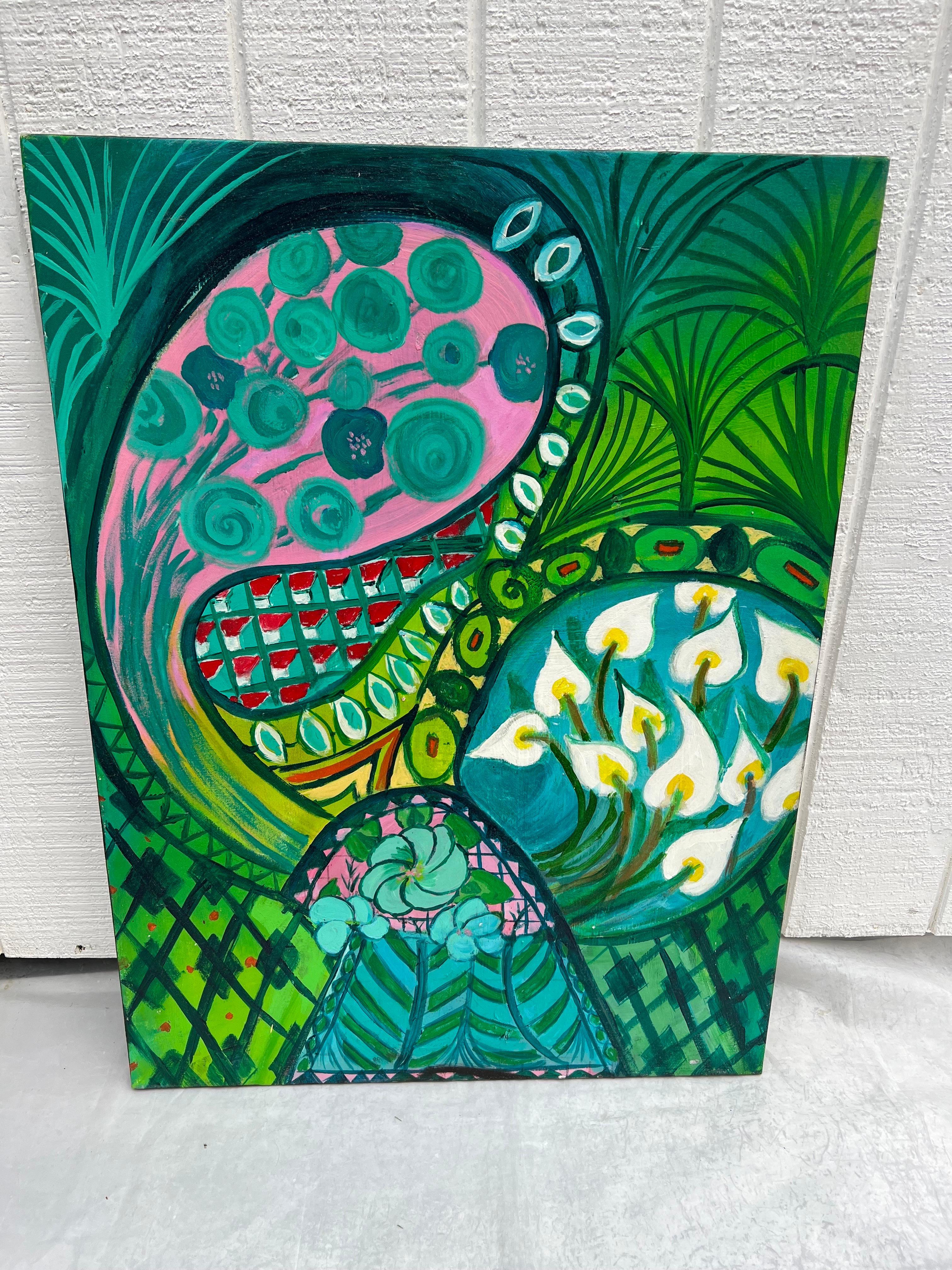 Carol Bertrand. Green Paisley Meditative Series Painting 
 Amazing large colorful canvas with green, pink, white and yellow. Stylized flowers, paisley patterns and calla lillies. Signature of artist in the lower right corner.
Carol Kuhlman
