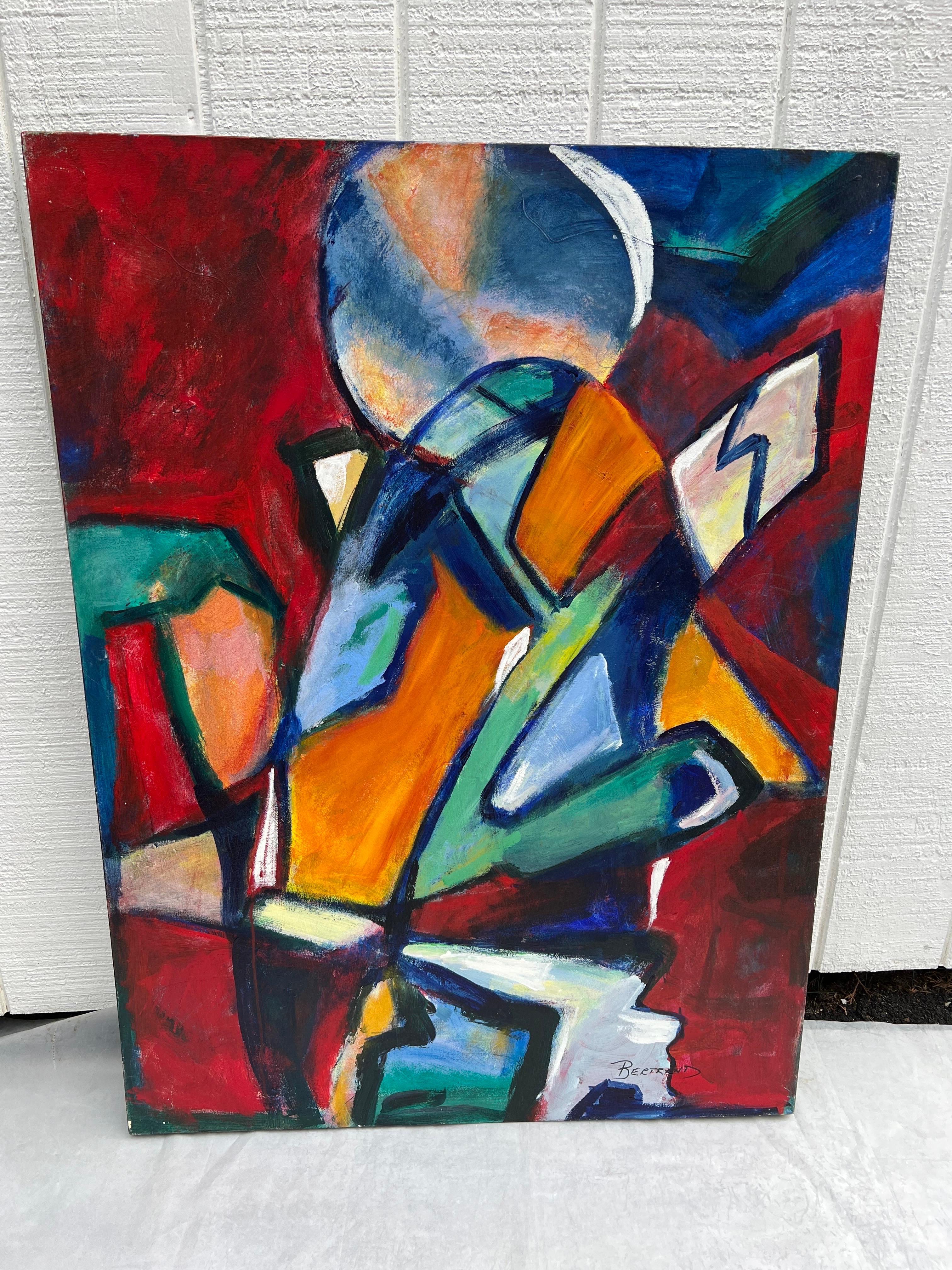  Grande astratto colorato di metà secolo di Carol Bertrand. Firmato dall'artista in basso a destra.
 Pittura acrilica postmoderna in stile astratto.  Incredibile tela di grandi dimensioni in blu, rosso, arancione, bianco e verde. Firma dell'artista