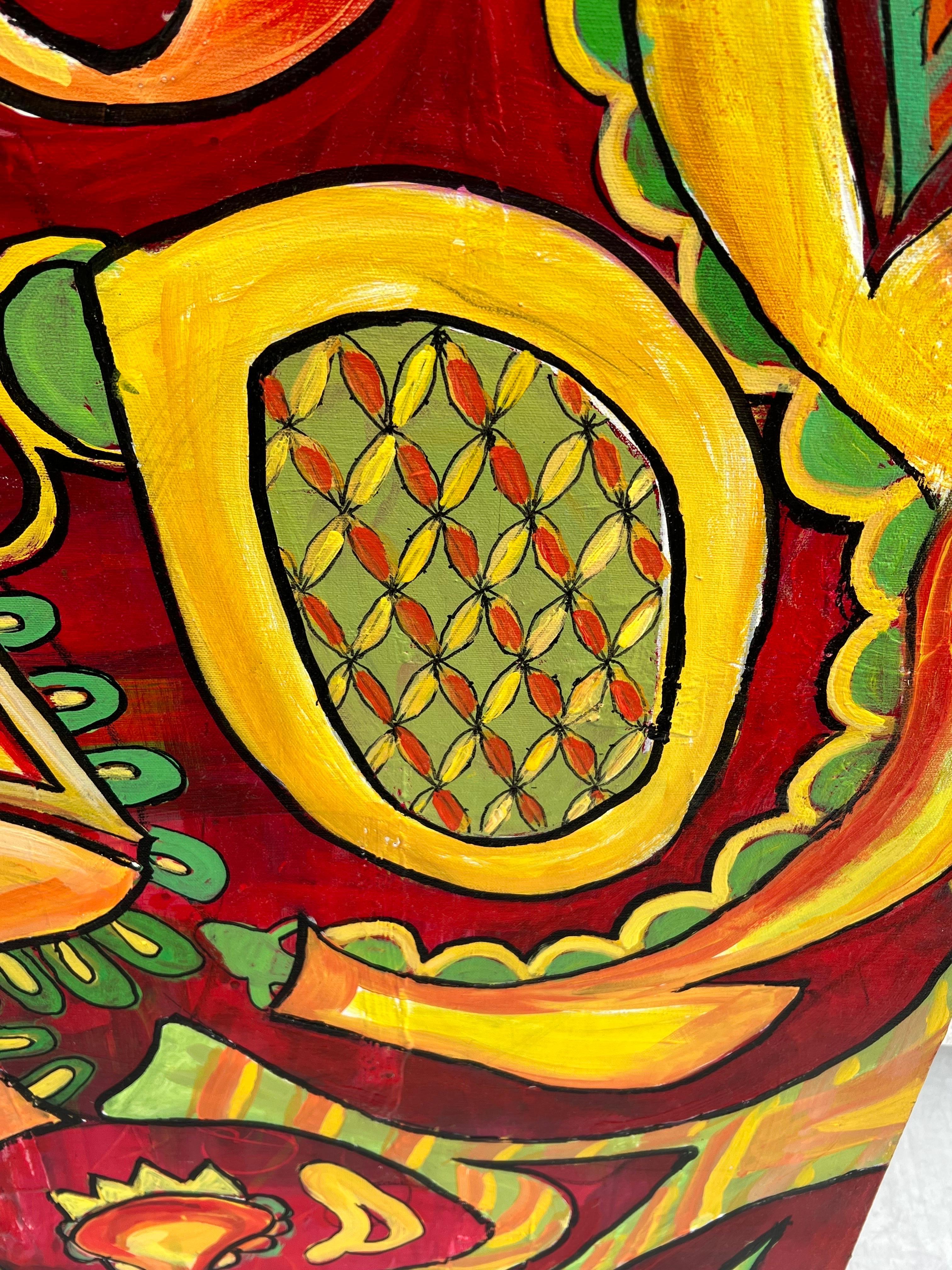 Carol Bertrand Serie Meditación Paisley Grande Amarillo y Rojo en venta 2
