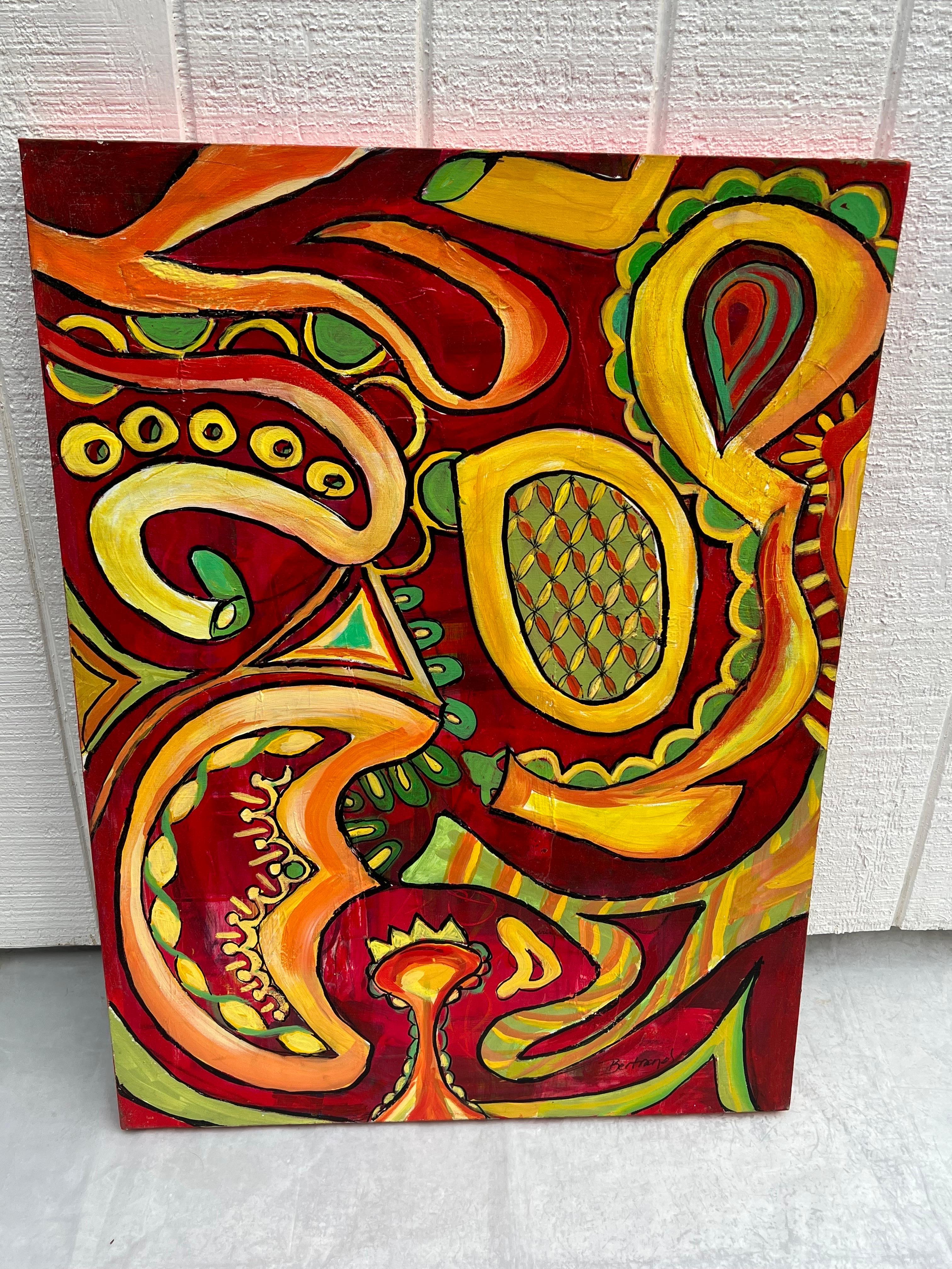Gran cuadro meditación Paisley amarillo y rojo de Carol Bertrand
Increíble lienzo grande con colores amarillo, rojo, verde y rosa oscuro. 
Firma del artista en la esquina inferior derecha. Formas arremolinadas de energía en movimiento.
Carol Kuhlman