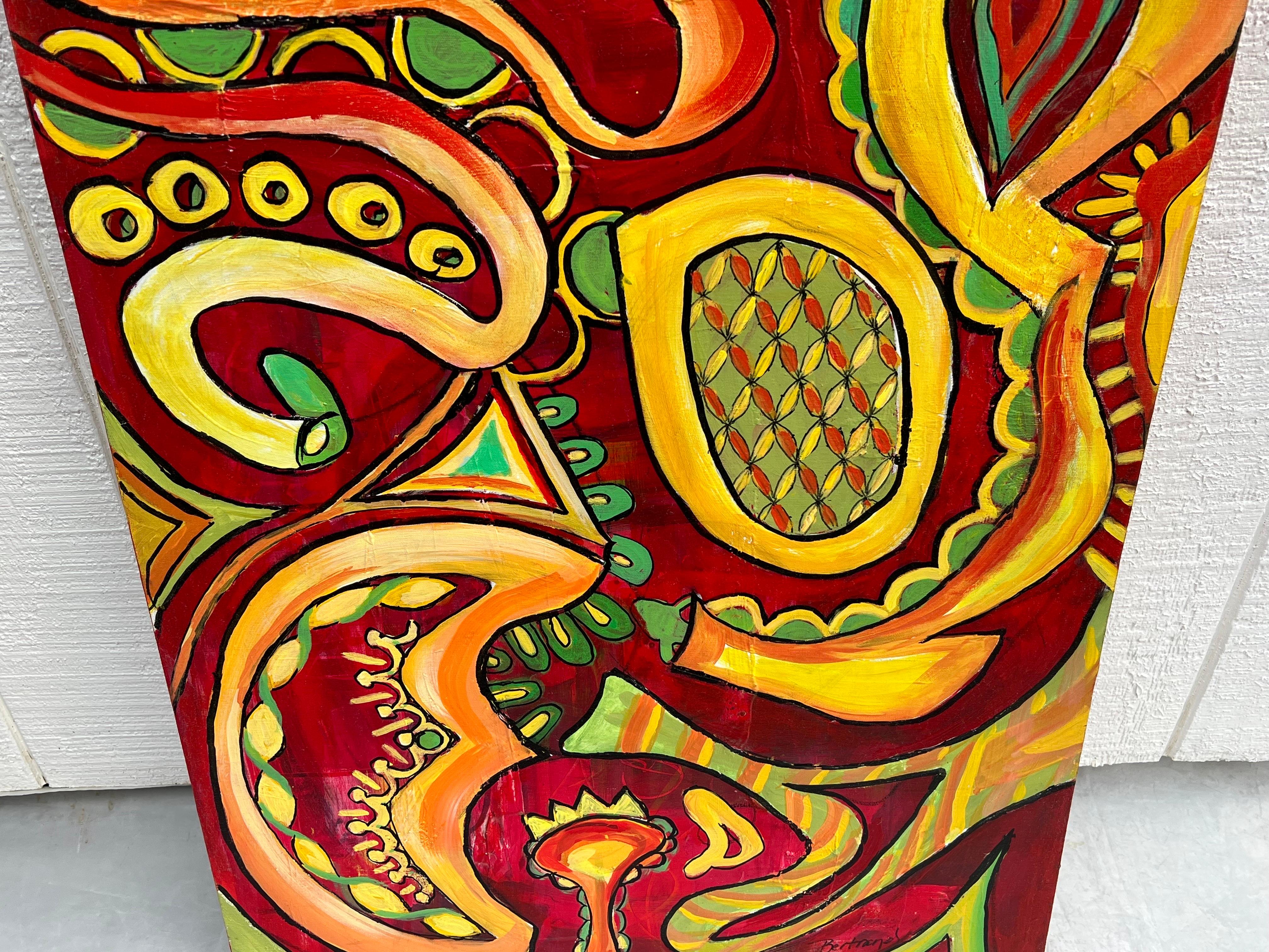 Carol Bertrand Serie Meditación Paisley Grande Amarillo y Rojo Pintado a mano en venta