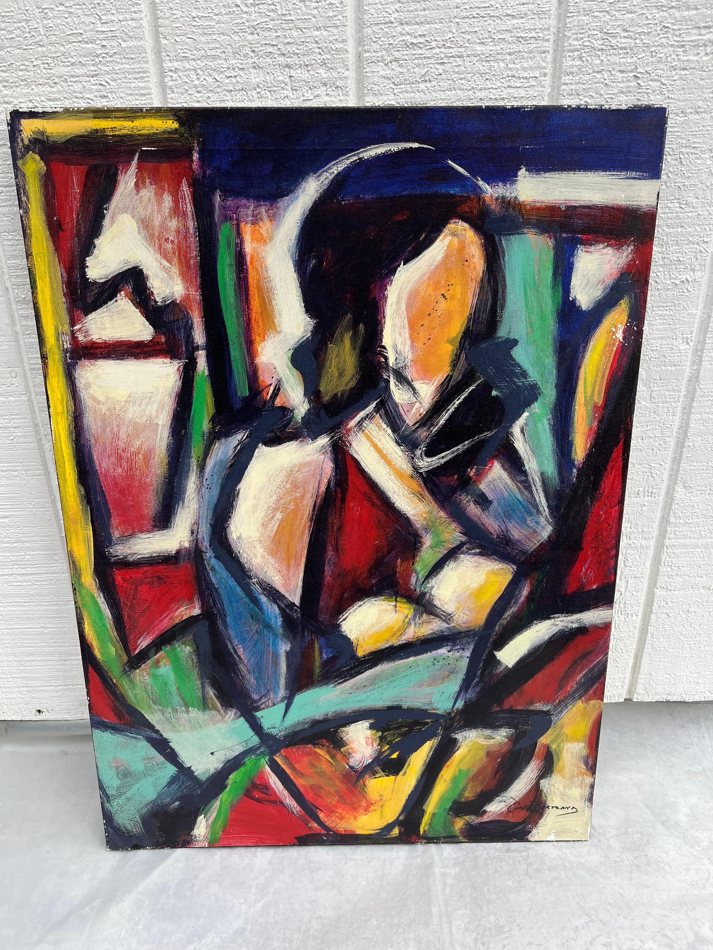 Carol Bertrand Mid-Century Modern Abstract of a Woman. Amazing large canvas with mostly primary colors of blue, red ,yellow and light green. Signature of artist in the lower right corner.
Carol Kuhlman Bertrand grew up in Missouri and studied