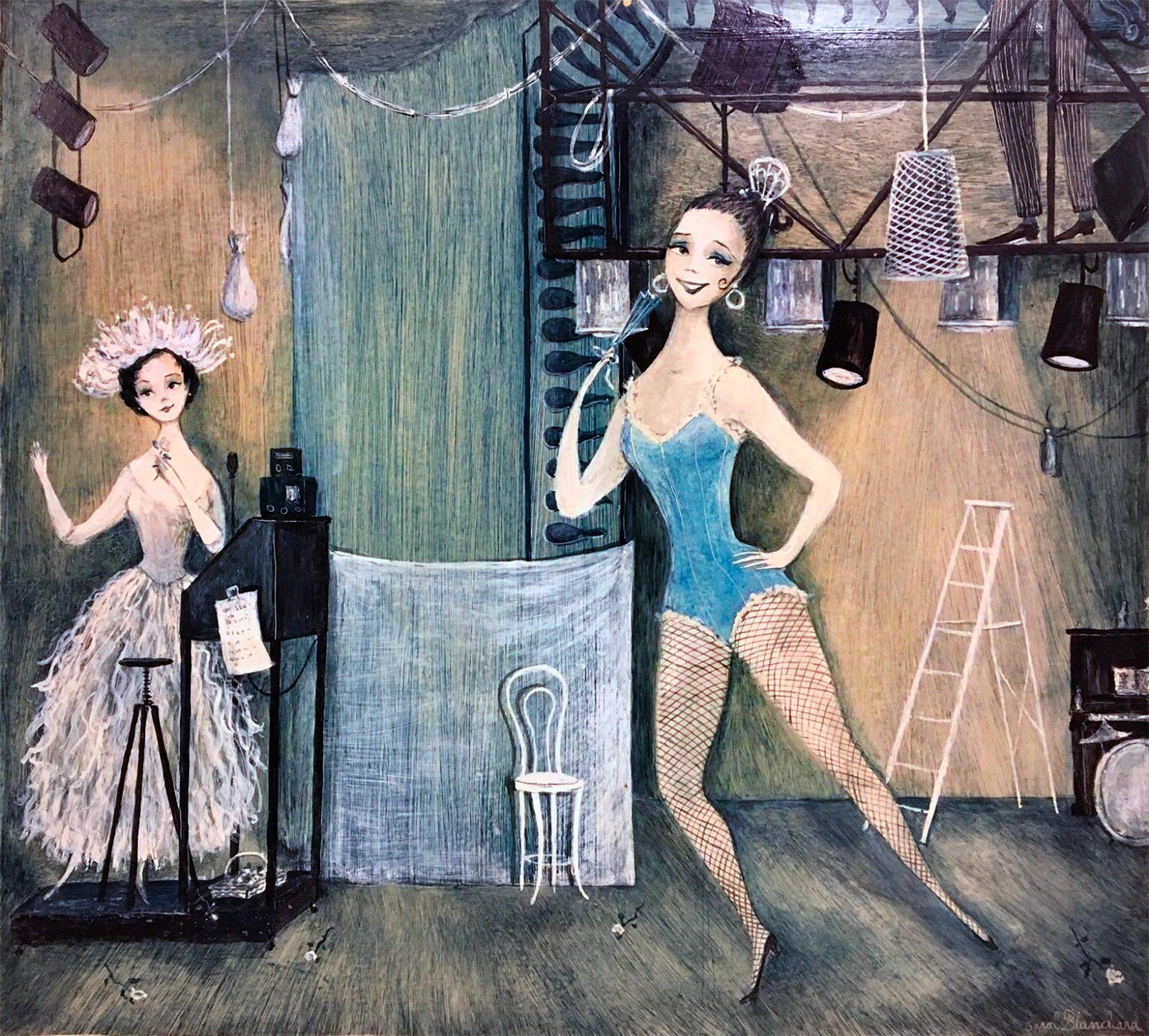Figurative Painting Carol Blanchard - Illustration d'une danseuse féminine avec des fleurs sur scène pour Conde Nast Publications