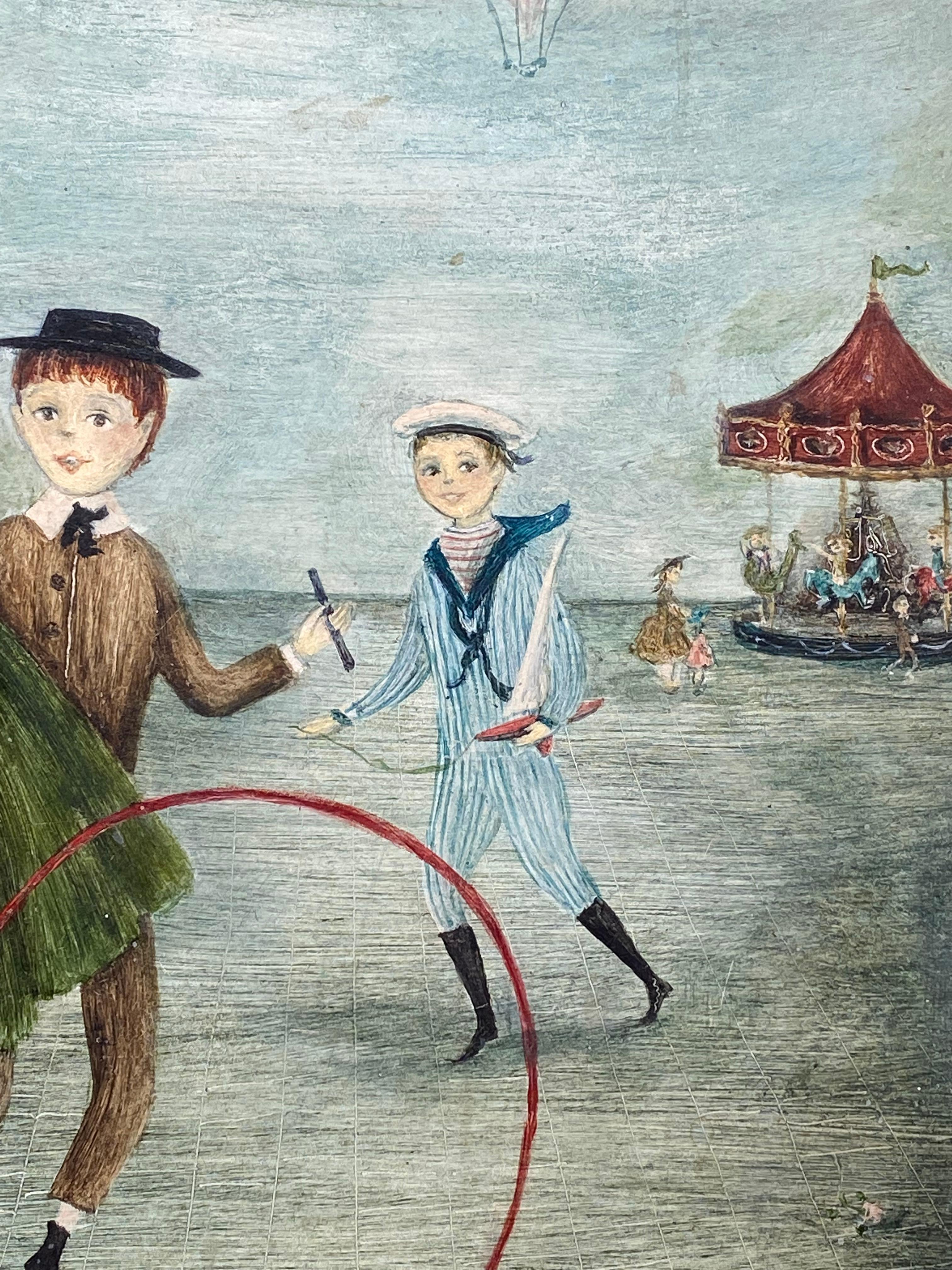 Pintura original al óleo sobre masonita de una niña con hula hoop y un tiovivo de carnaval al fondo, por Carol Blanchard.  Firmado abajo a la derecha. El estado es excelente. Alrededor de 1960. El cuadro está guardado en su madera tallada original