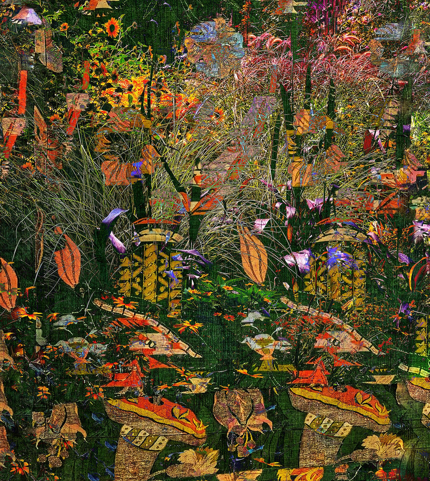 'Eden' 2022 by Carol Bouyoucos. Archival print, Digital photomontage, Ed. of 10, Image: 37.5 x 33.25 in.  Paper: 40 x 36 in.  Frame: 41.25 x 37 in. This manipulated photomontage features a closeup view of a forest with a variety of flowers and
