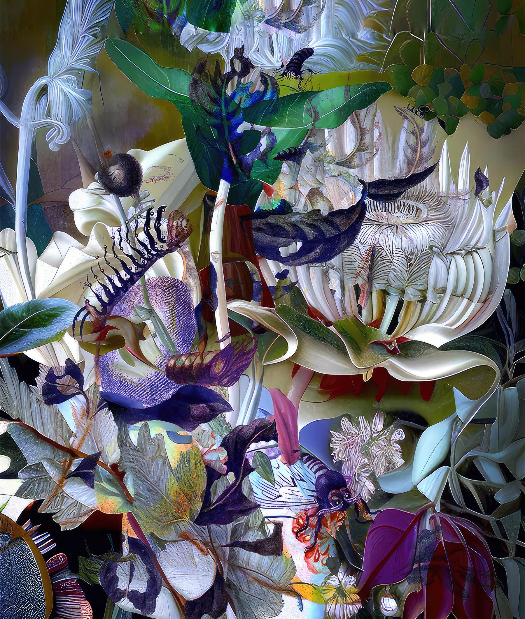 'The Garden Sings' 2023 by Carol Bouyoucos. Archival print, Digital photomontage, Ed. of 10. Image: 17 x 13 in. / Paper: 24 x 20 in. / Frame: 25.25 x 21.25 in. This manipulated photomontage features a closeup view of flowers and various