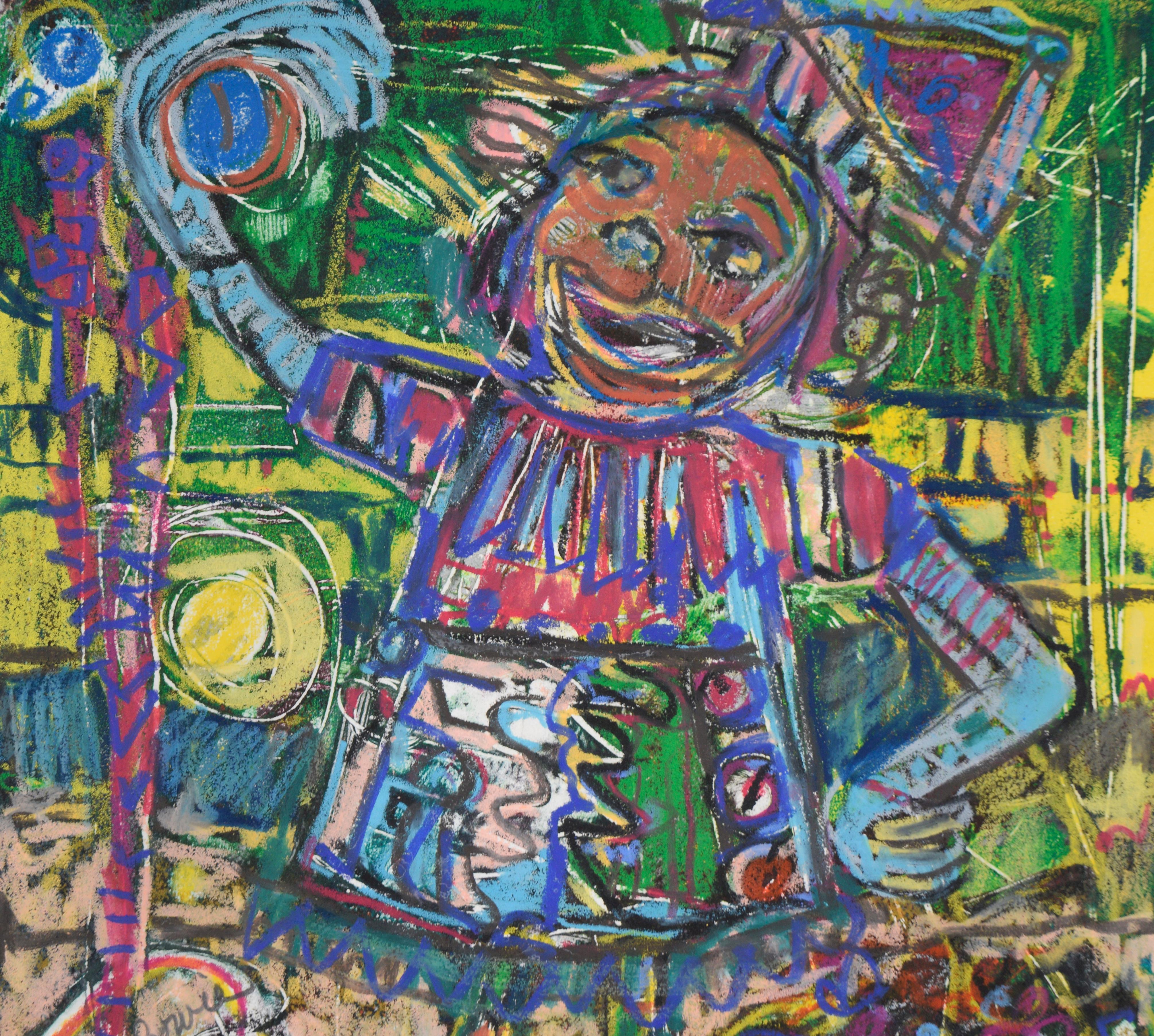  Abstraktes expressionistisches Gemälde, das ein figuratives Mädchen in voller Partylaune darstellt, von der figurativen Künstlerin Carol Bowie (Amerikanerin, 20. Jh.) aus der Bay Area. Die Figur besteht aus mehrfarbigen abstrakten Elementen, deren