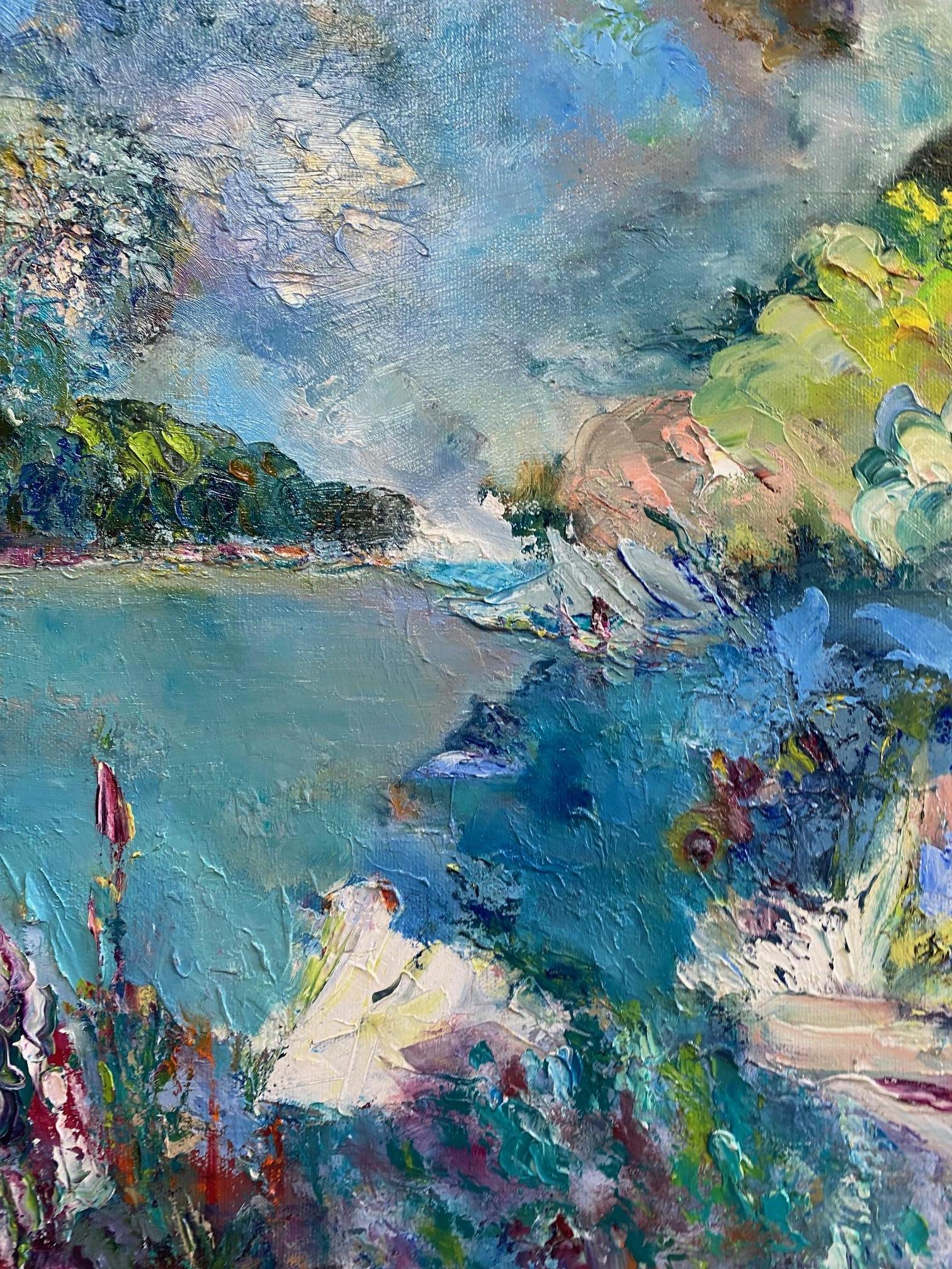 The beauty and mystique of the popular and legendary island of Bermuda is explored in this original abstract expressionist marine landscape.  Stone walls overflowing with magenta bougainvillea and other tropical flowers are intoxicating when coupled