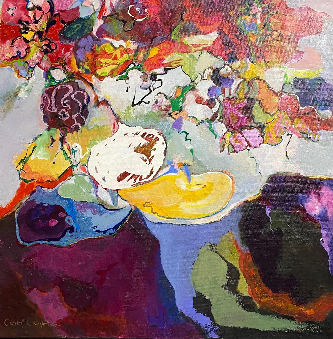 Blooming, original 24x24 abstract expressionist floral landscape - Painting by Carol Carpenter