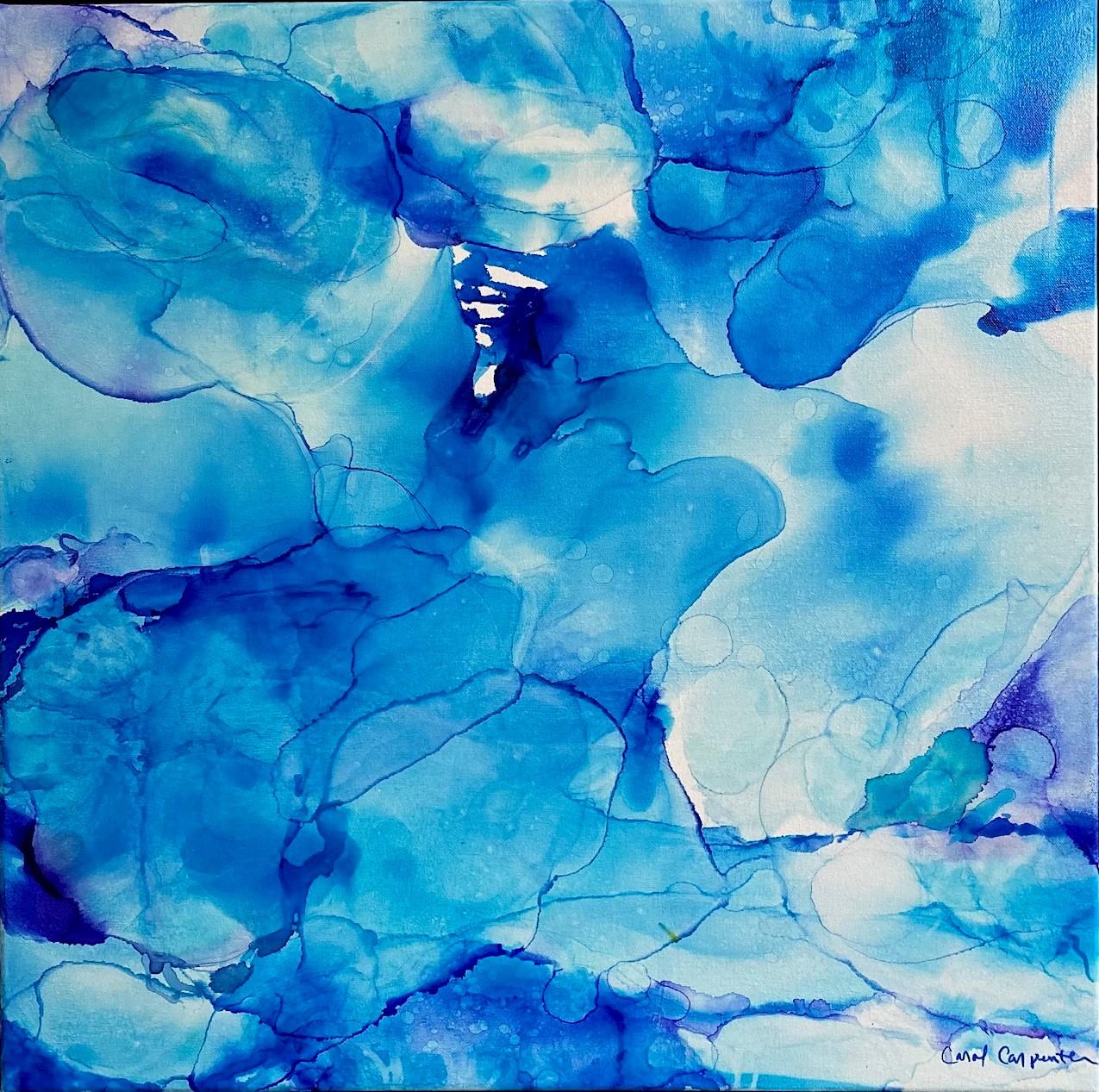 Blue Water, original 24x24 ink on canvas abstract expressionist painting - Painting by Carol Carpenter