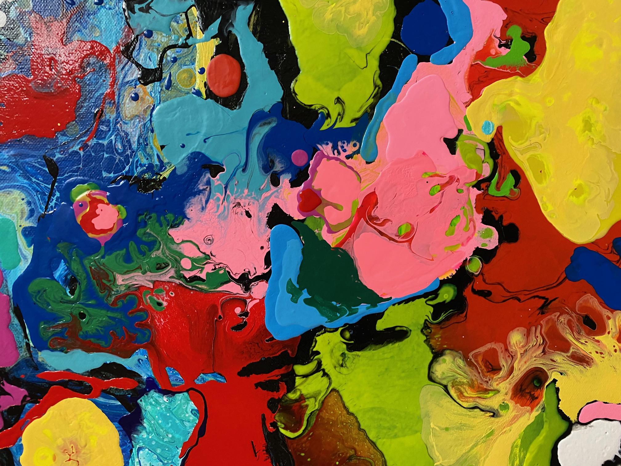The lush, joyous florals seem to float surrounded by supernatural beauty.  Factor in the representational underpinning and abstract expressionist texture, colors and imagery and you find a simply delightful composition. The longer one lingers on