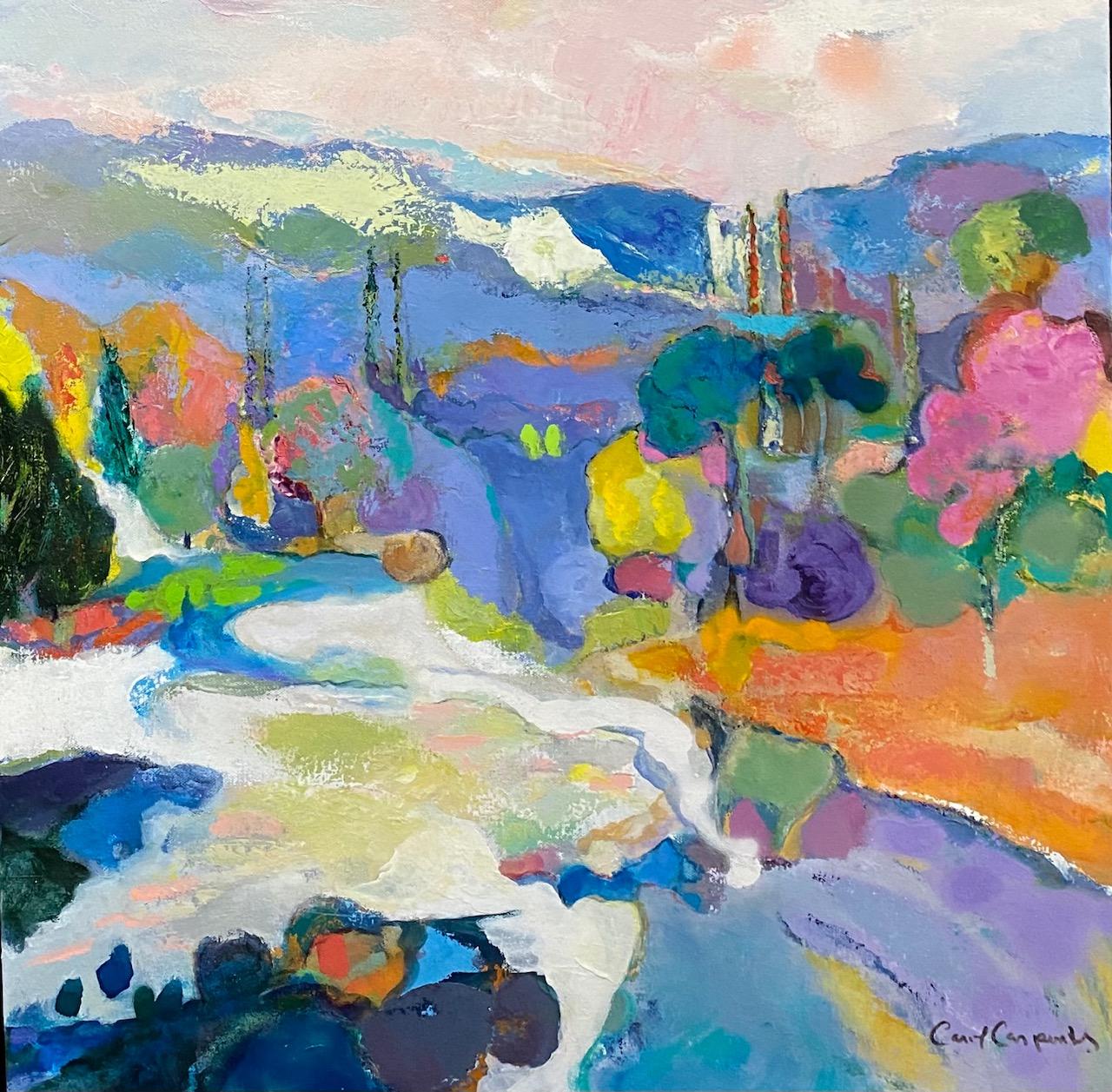 Lake Como, original 24x24 abstract expressionist Italian landscape - Painting by Carol Carpenter