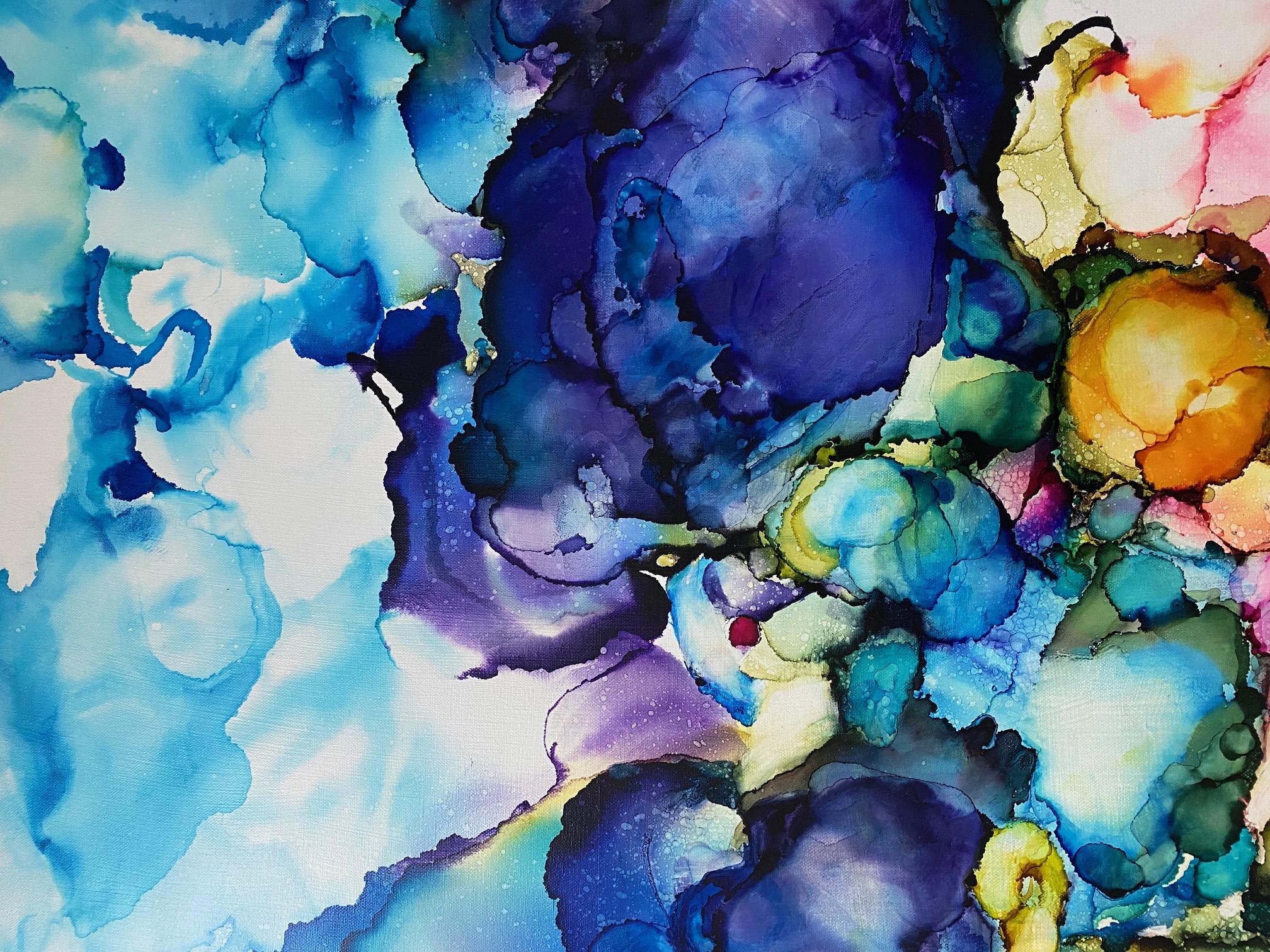 Landmarke, originale abstrakte expressionistische Blumenlandschaft im Format 40x30 (Violett), Abstract Painting, von Carol Carpenter