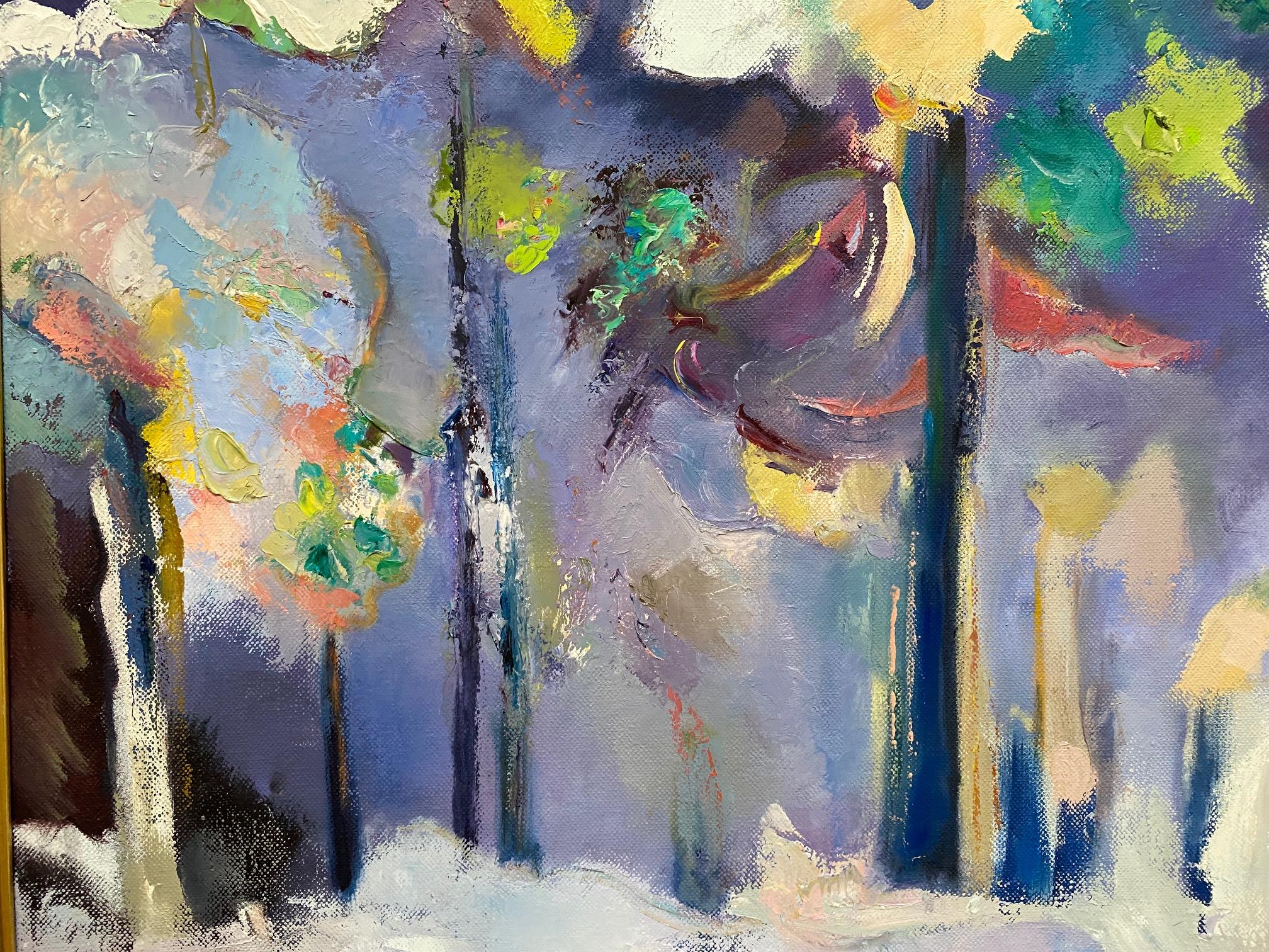 Statuesque trees in a range of lush colors surveille the grounds as blankets of snow protect  a potpourri of free form elements in an abstract expressionist winter wonderland landscape. Internationally trending artist Carol Carpenter's modern