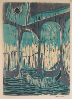 Vintage Abstracted Seascape With Boats 1960-70s Blue Serigraph