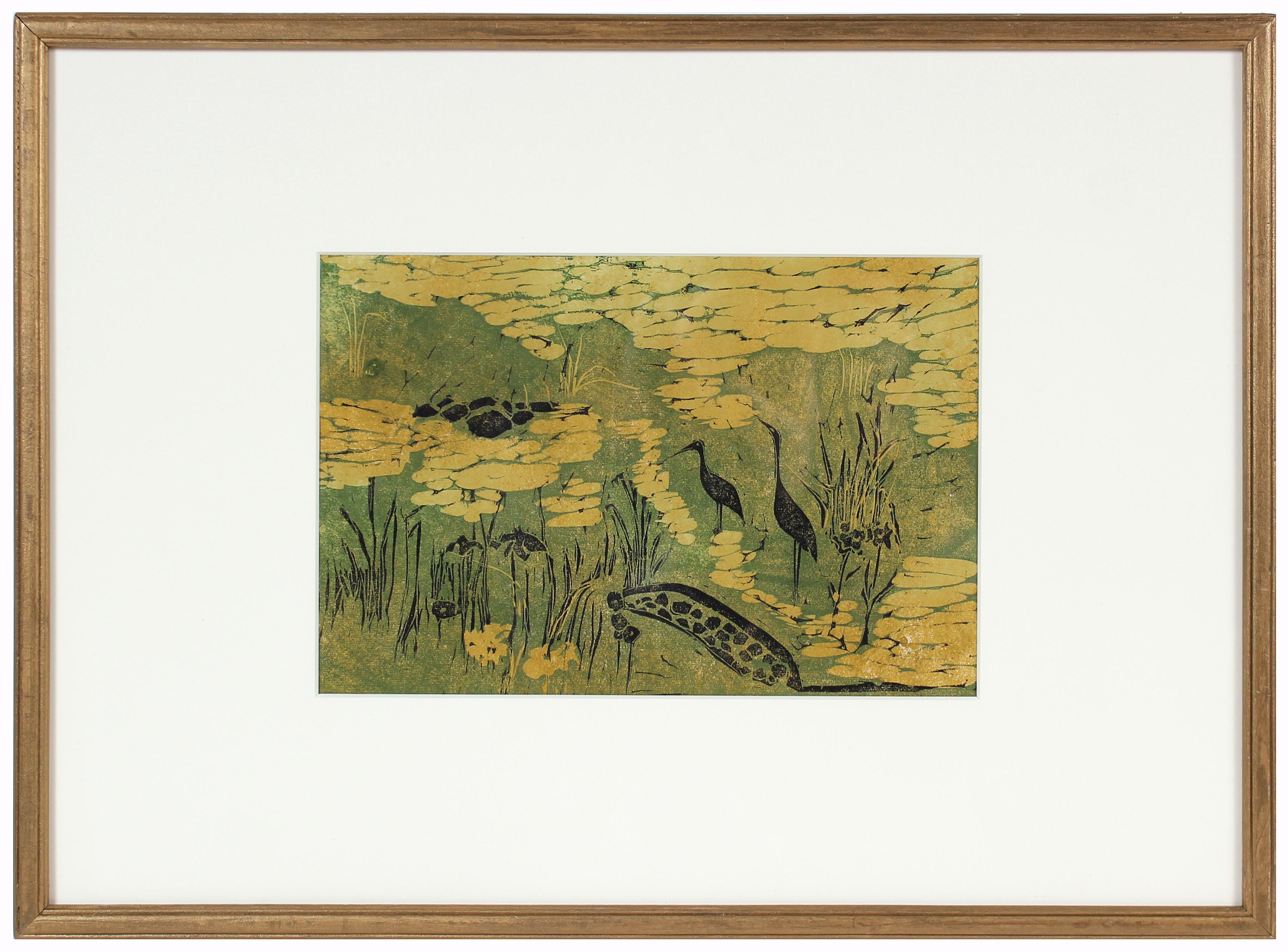 Carol Cunningham Animal Print - "Nelumbo" Marsh Landscape with Birds, Linocut Print on Paper, Circa 1960s