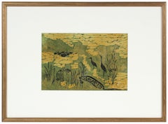 "Nelumbo" Marsh Landscape with Birds, Linocut Print on Paper, Circa 1960s