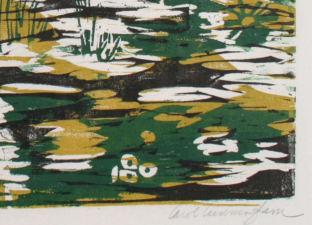 Portrait Of A Woman With Flowers 1960-70s Gold and Green Woodcut - Print by Carol Cunningham